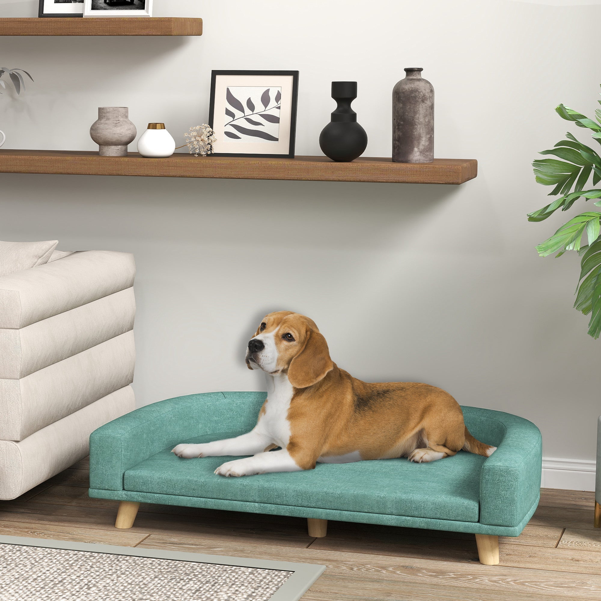Dog Sofa - Pet Sofa with Cushion, Wooden Legs, Green