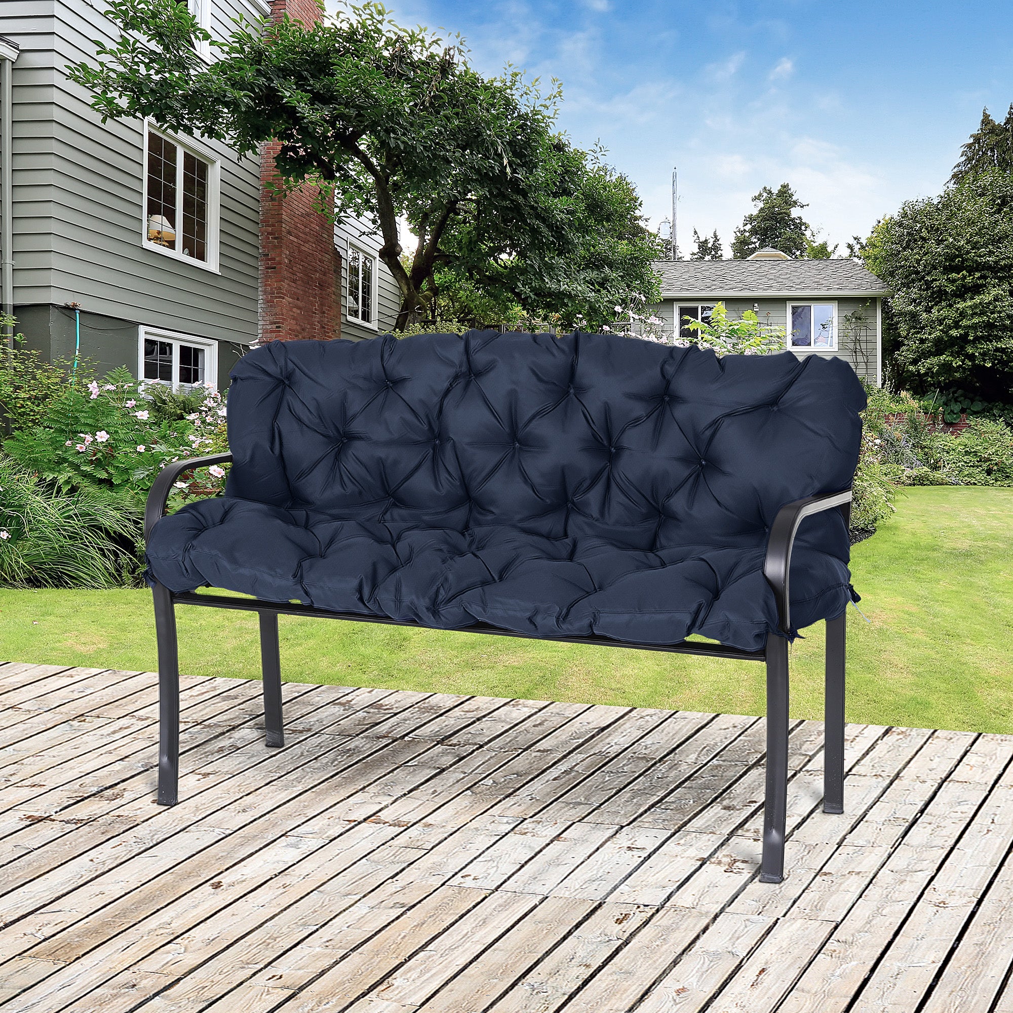 3-Seater Bench Cushion 150x98x8 cm, Outdoor/Indoor Seat Pad with Ties, Dark Blue