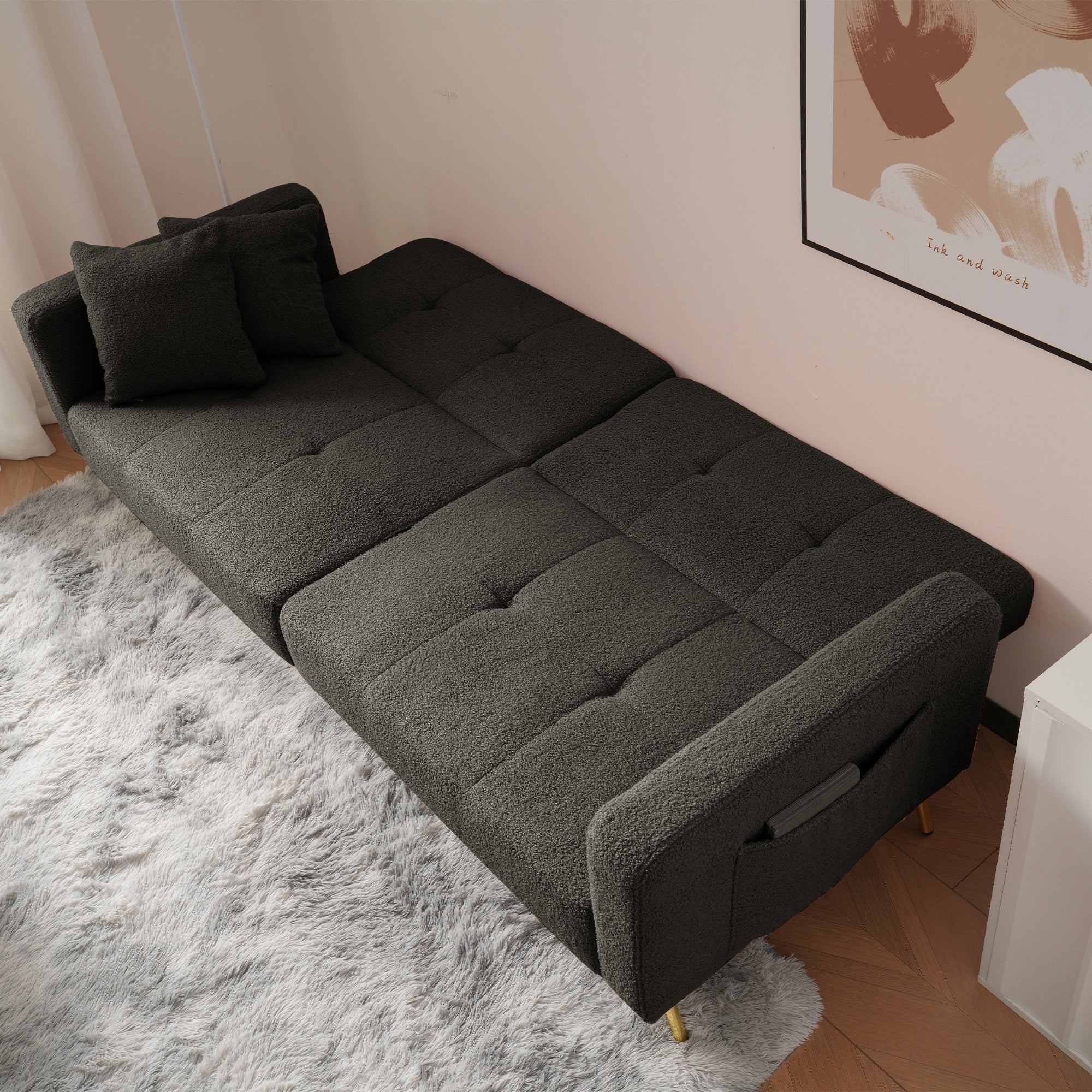 Sofa Bed with Bed Function, 3 Adjustable Backrest Angles, Gold Legs, Cushions, and Side Storage Pockets