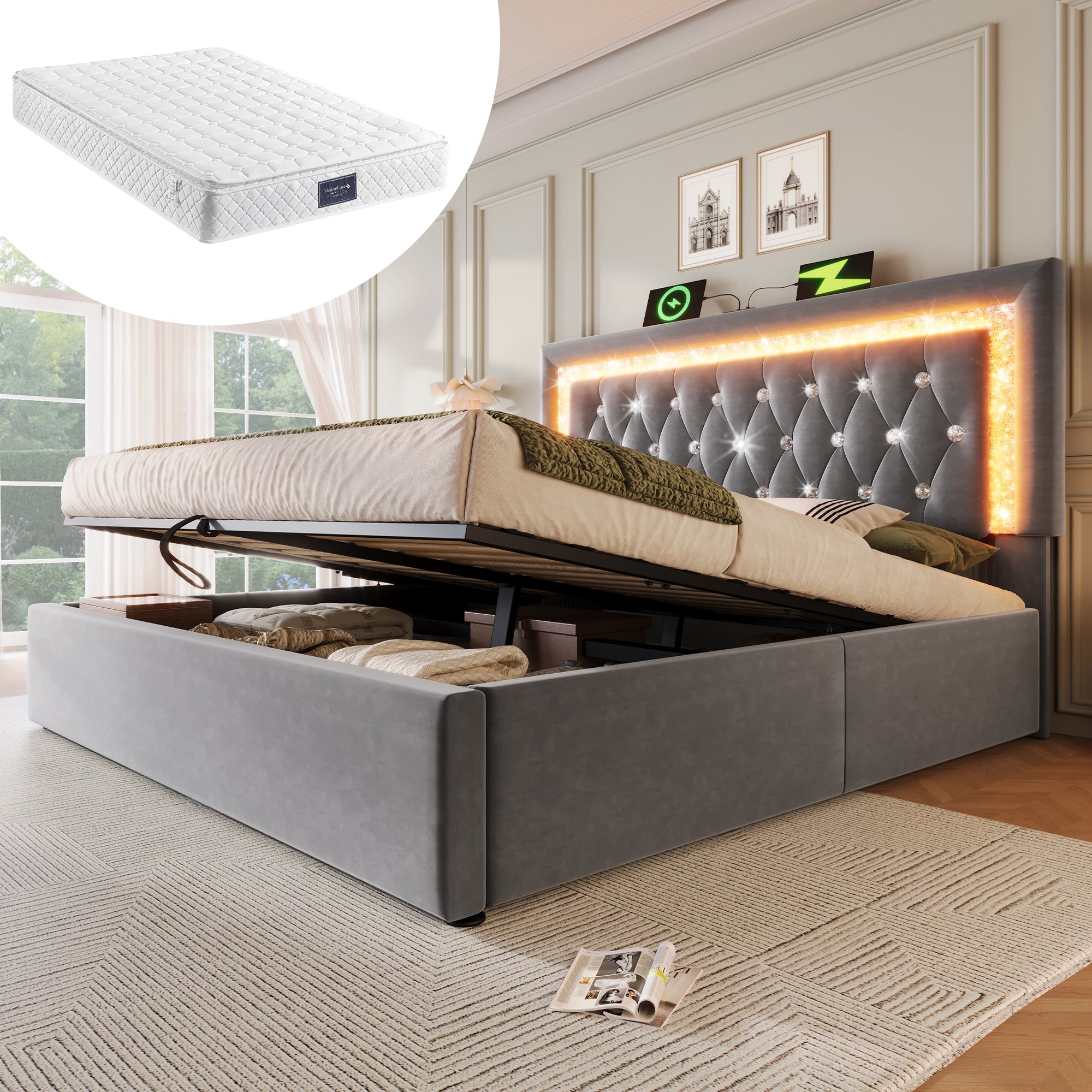 Upholstered Bed 160x200 cm with LED, USB Charging and Hydraulic Storage (with Mattress), Grey Velvet
