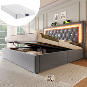 Upholstered Double Bed 140x200cm Hydraulic Storage LED Headboard USB/Type-C Velvet Grey