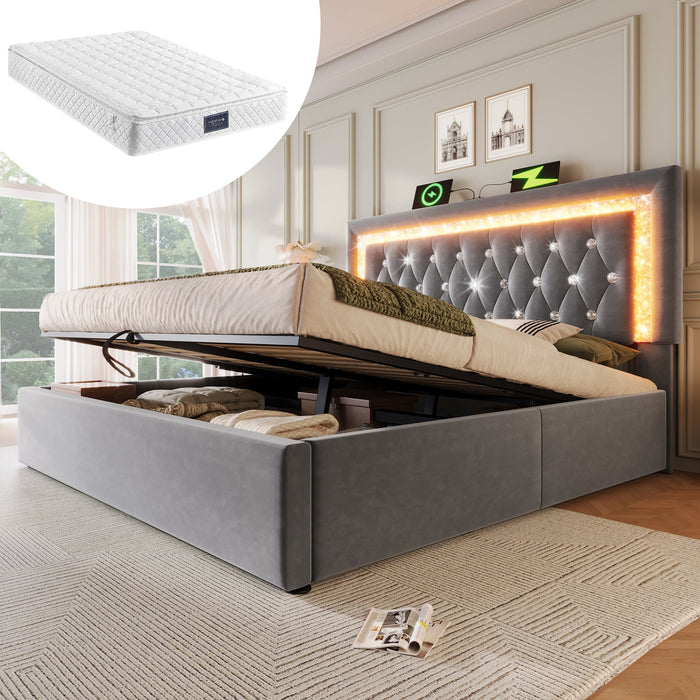 Upholstered Double Bed 140x200cm Hydraulic Storage LED Headboard USB/Type-C Velvet Grey