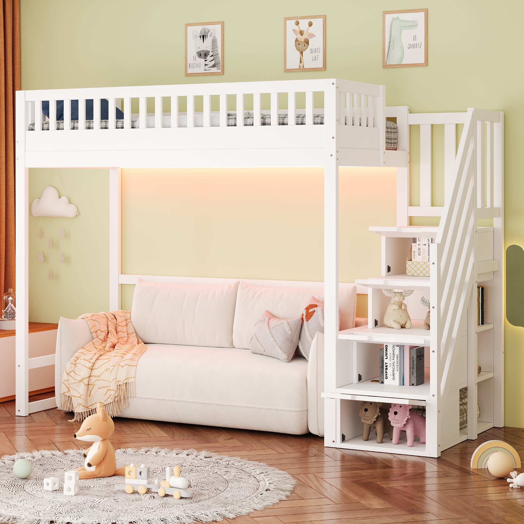 Loft Bed with LED Light Strip and Interchangeable Safety Ladders, 90x200cm, White Solid Pine Wood