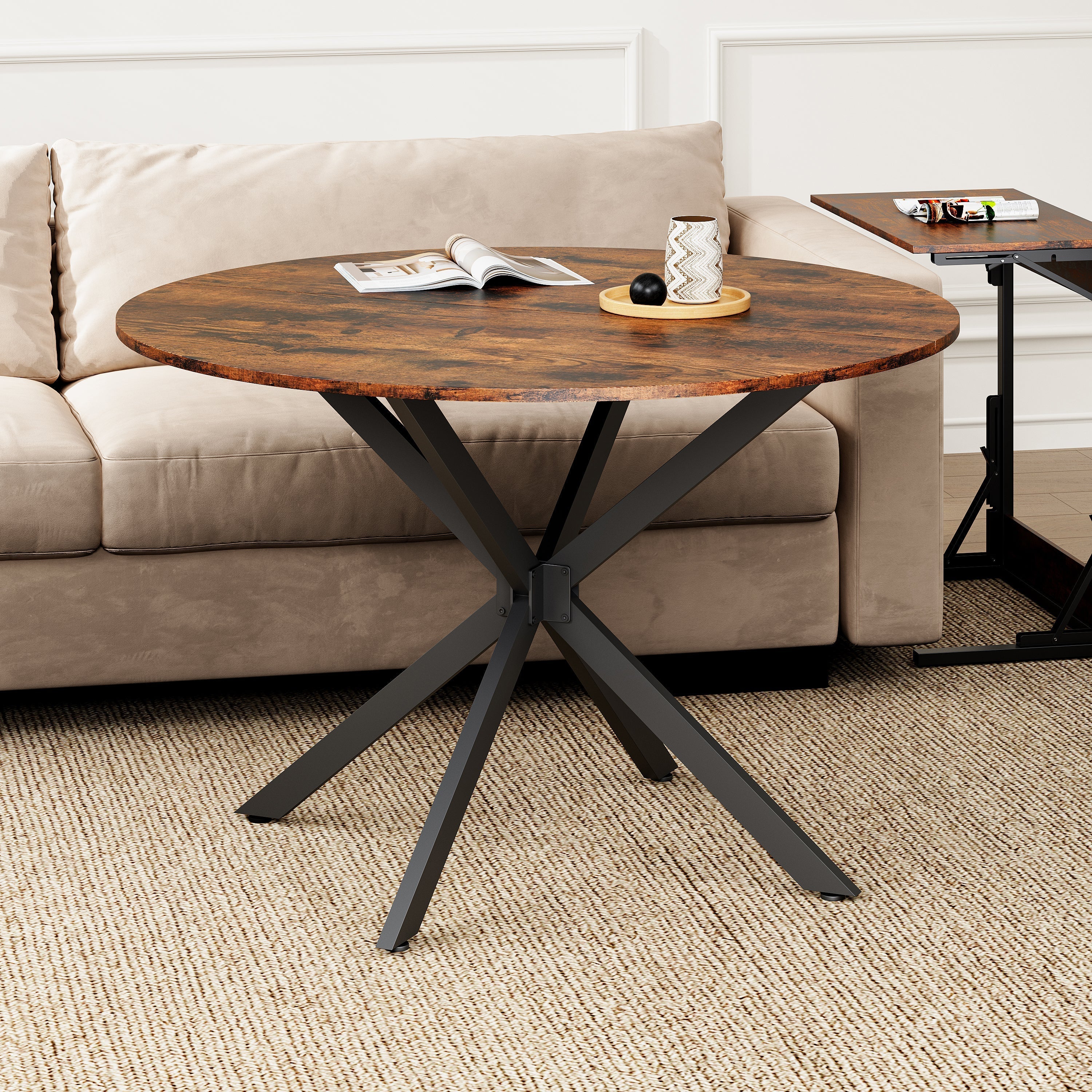 Round Dining Table 120cm Industrial X-Legs Vintage Brown-Black