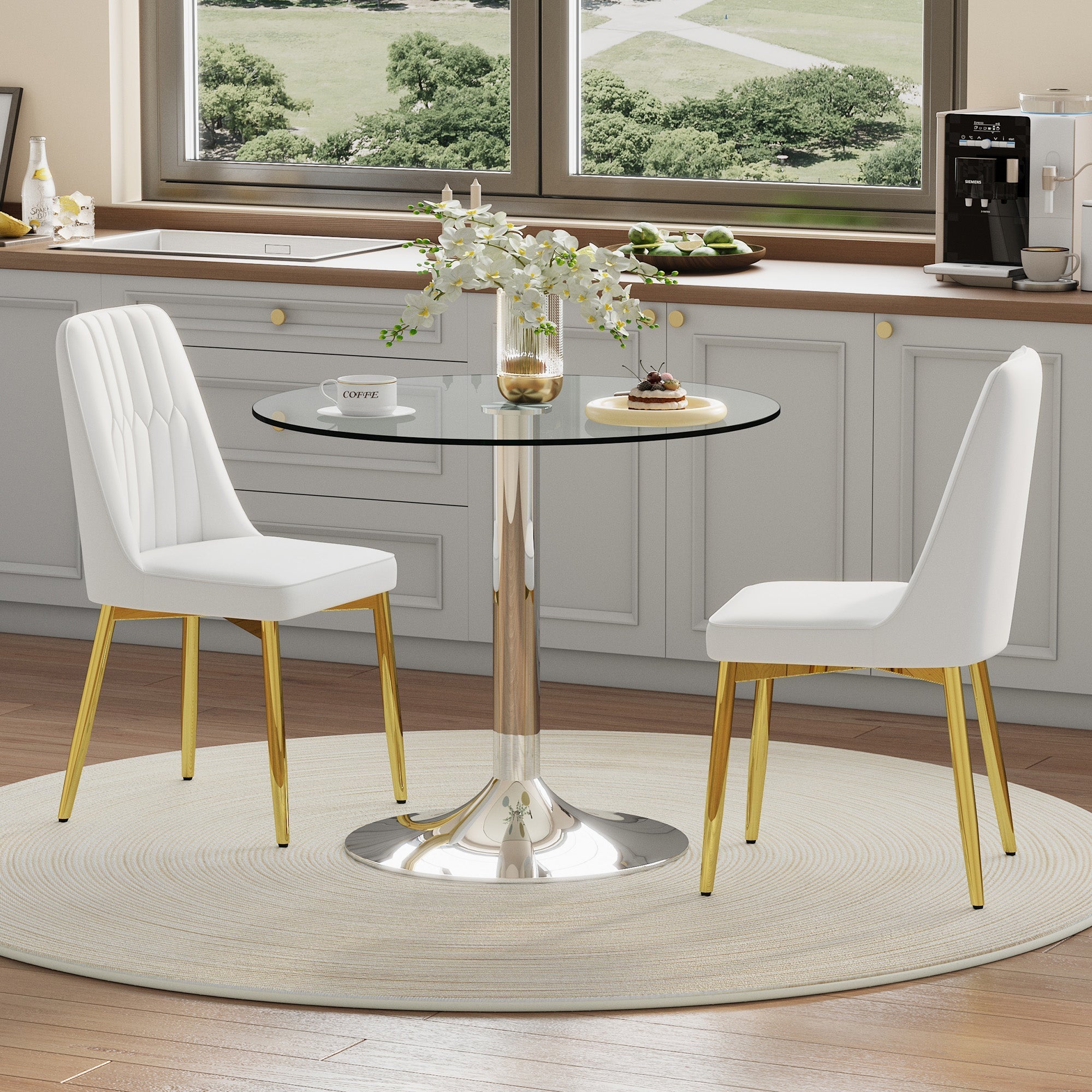 Dining Table Set - Modern Minimalist 85cm Tempered Glass Table & 2 PU Chairs - White & Gold