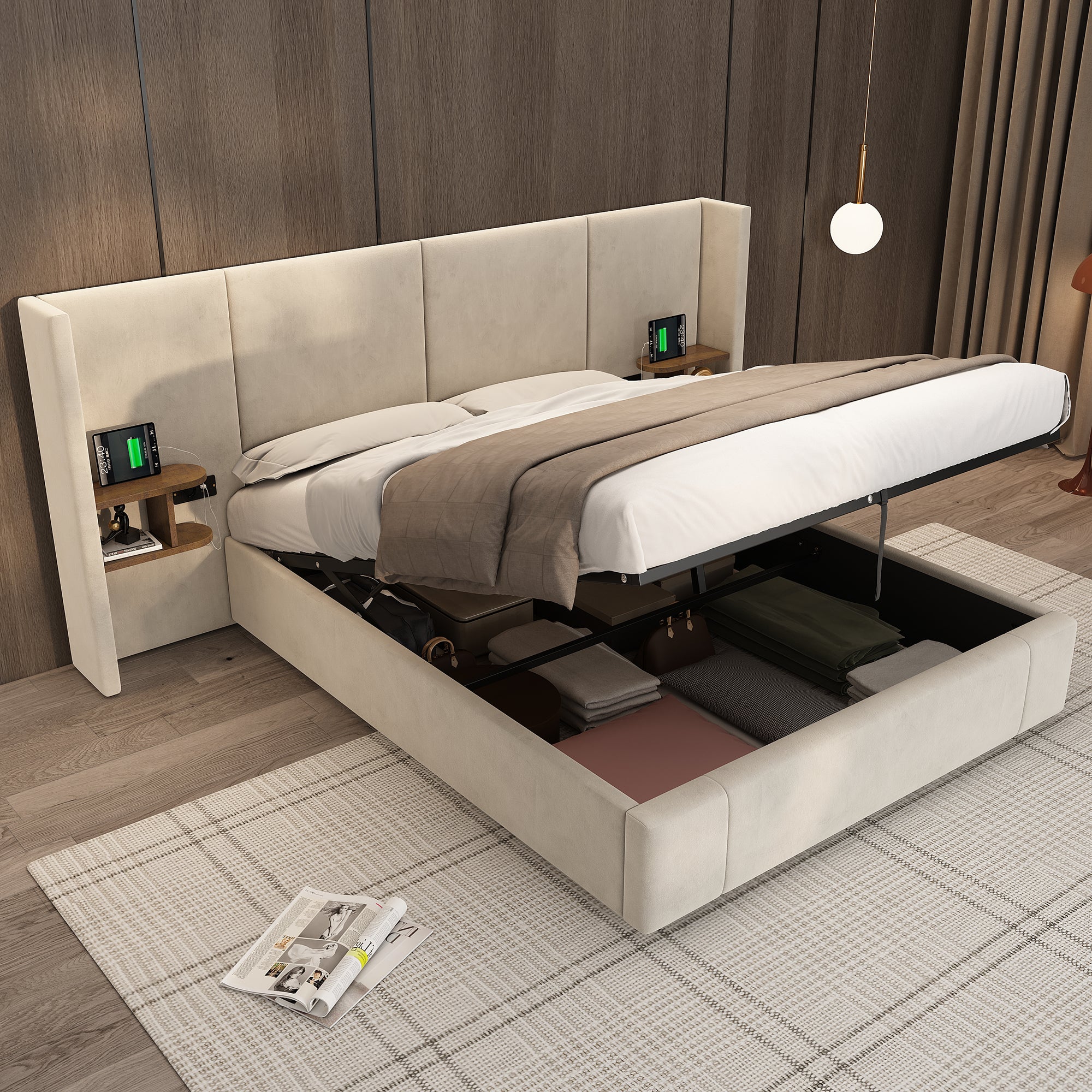 Upholstered Bed 160x200cm Hydraulic Storage USB Power Outlets 2 Bedside Tables Velvet Beige
