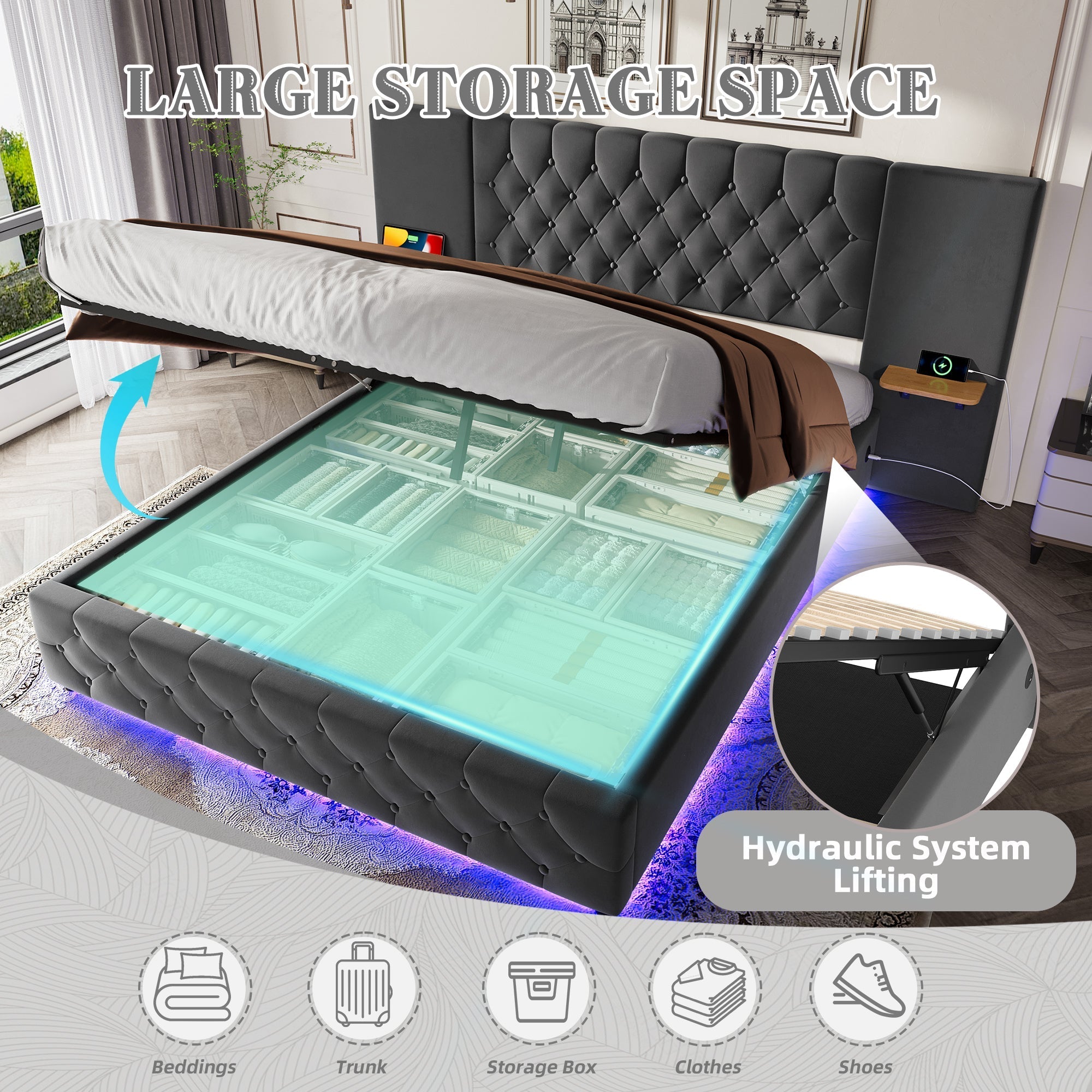 Modern Bed Frame 150x200cm, Wide Headboard, LED, USB-C Ports, Hydraulic Storage, Gray
