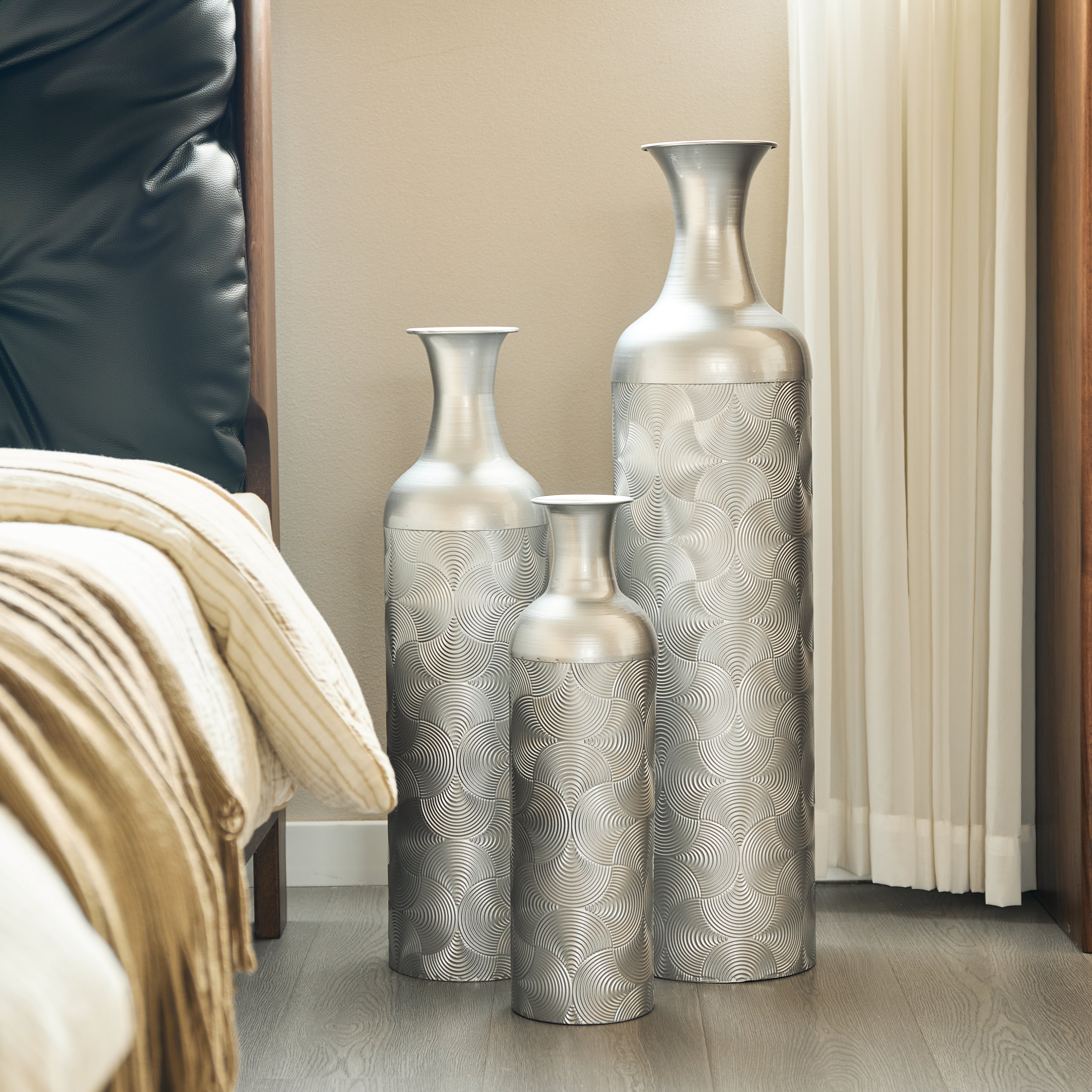 Silver Floor Vase Set 3 Decorative Vases 83/65/50cm High Metal