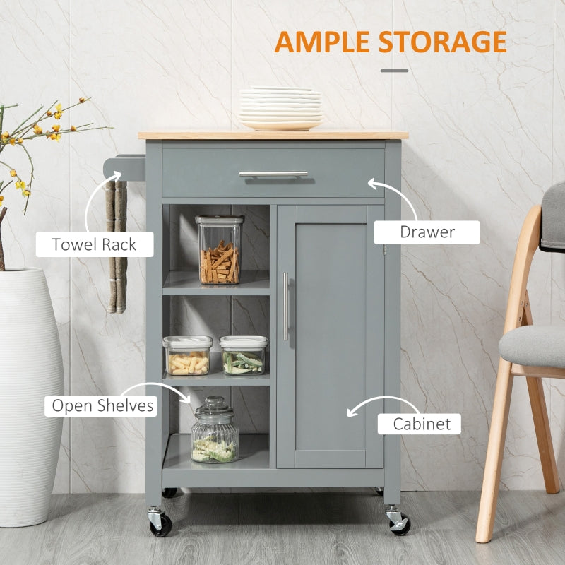 Compact Kitchen Trolley Utility Cart Open Shelf Drawer Wheels, Grey MDF