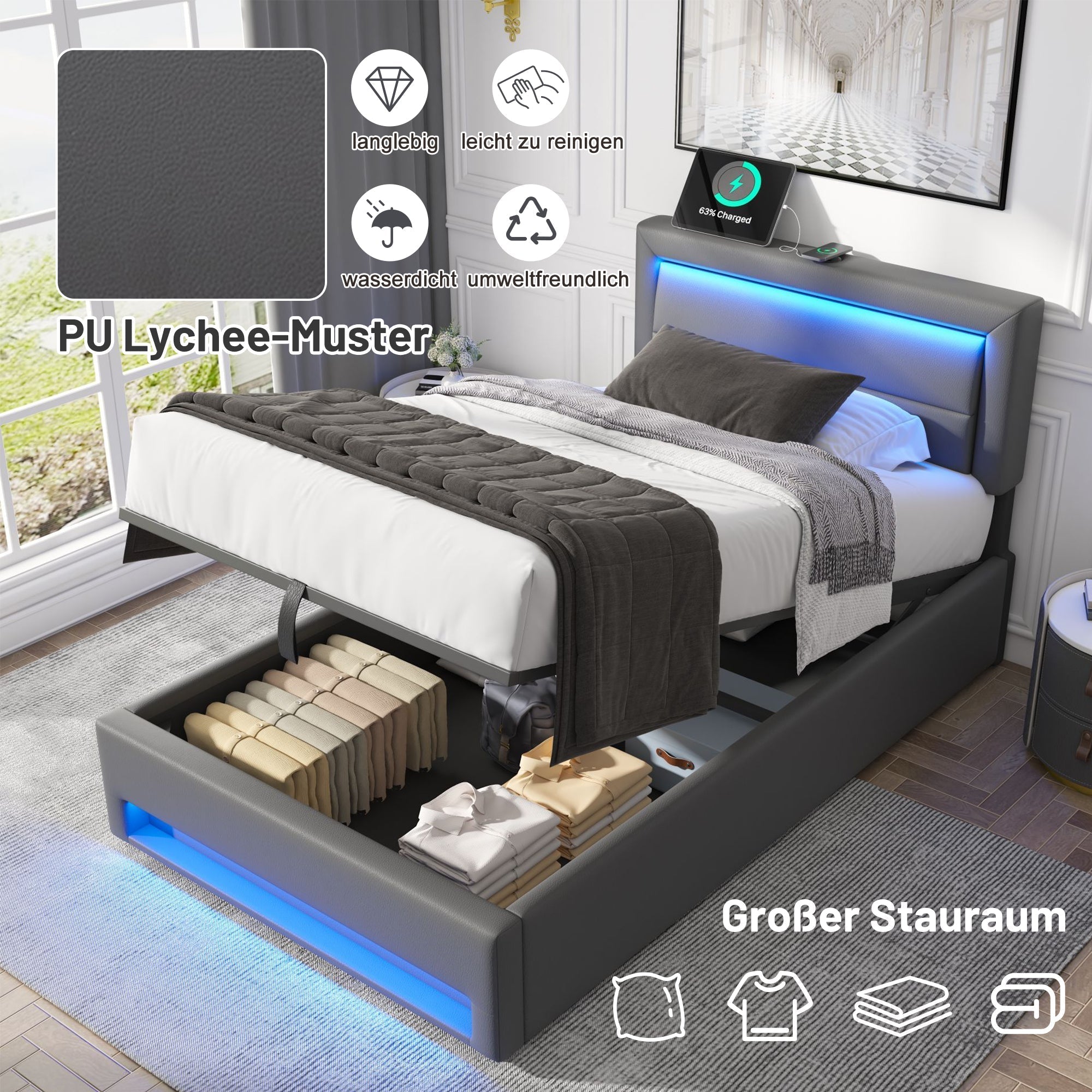 Upholstered Bed 90x190cm USB Charging LED Lighting Storage PU Lychee Grey
