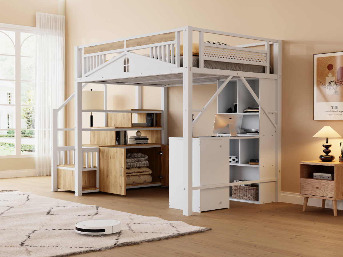 Metal Loft Bed 140x200cm Safety Enclosure with Window & Ladder Locker, White