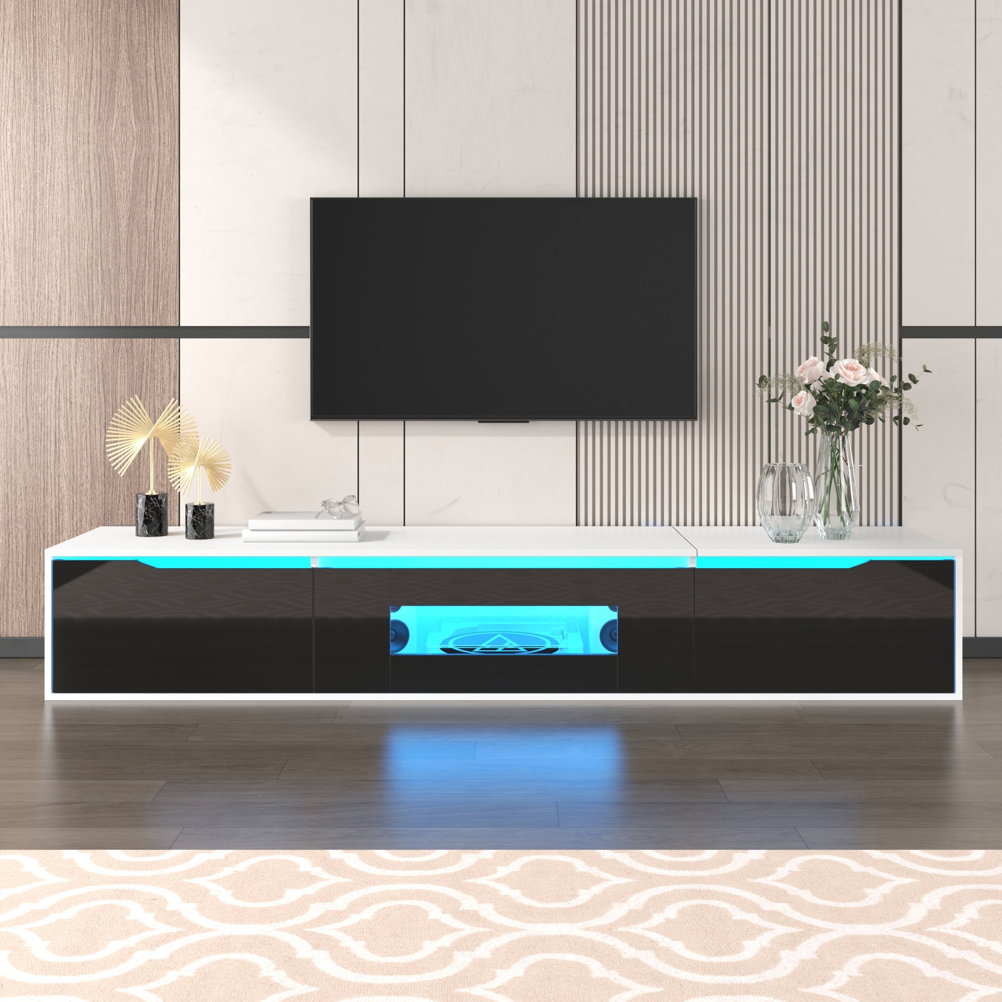 TV Cabinet, high-gloss with LED lighting, black and white