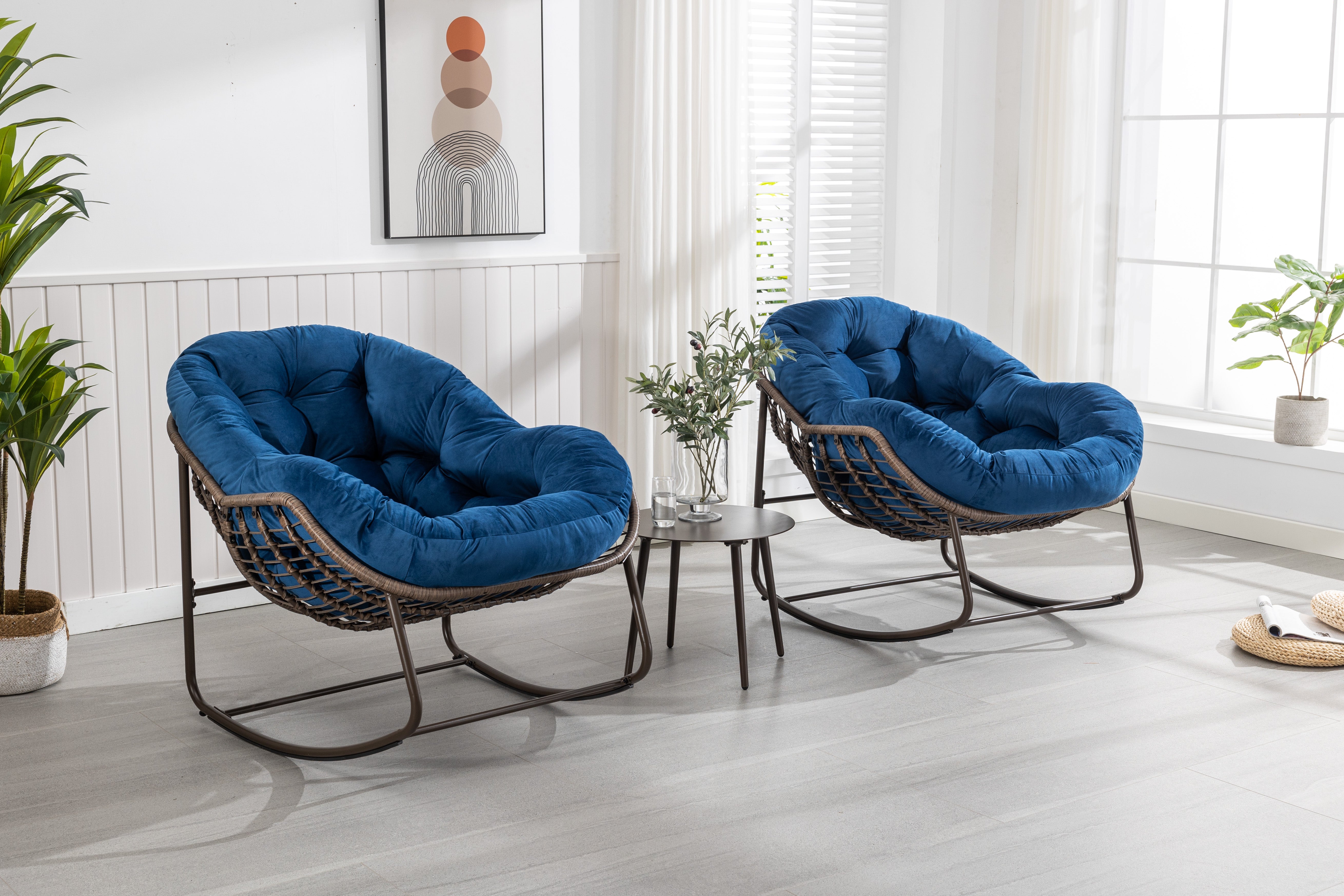 Outdoor Rattan Rocking Chair Padded Cushion Recliner Navy Blue