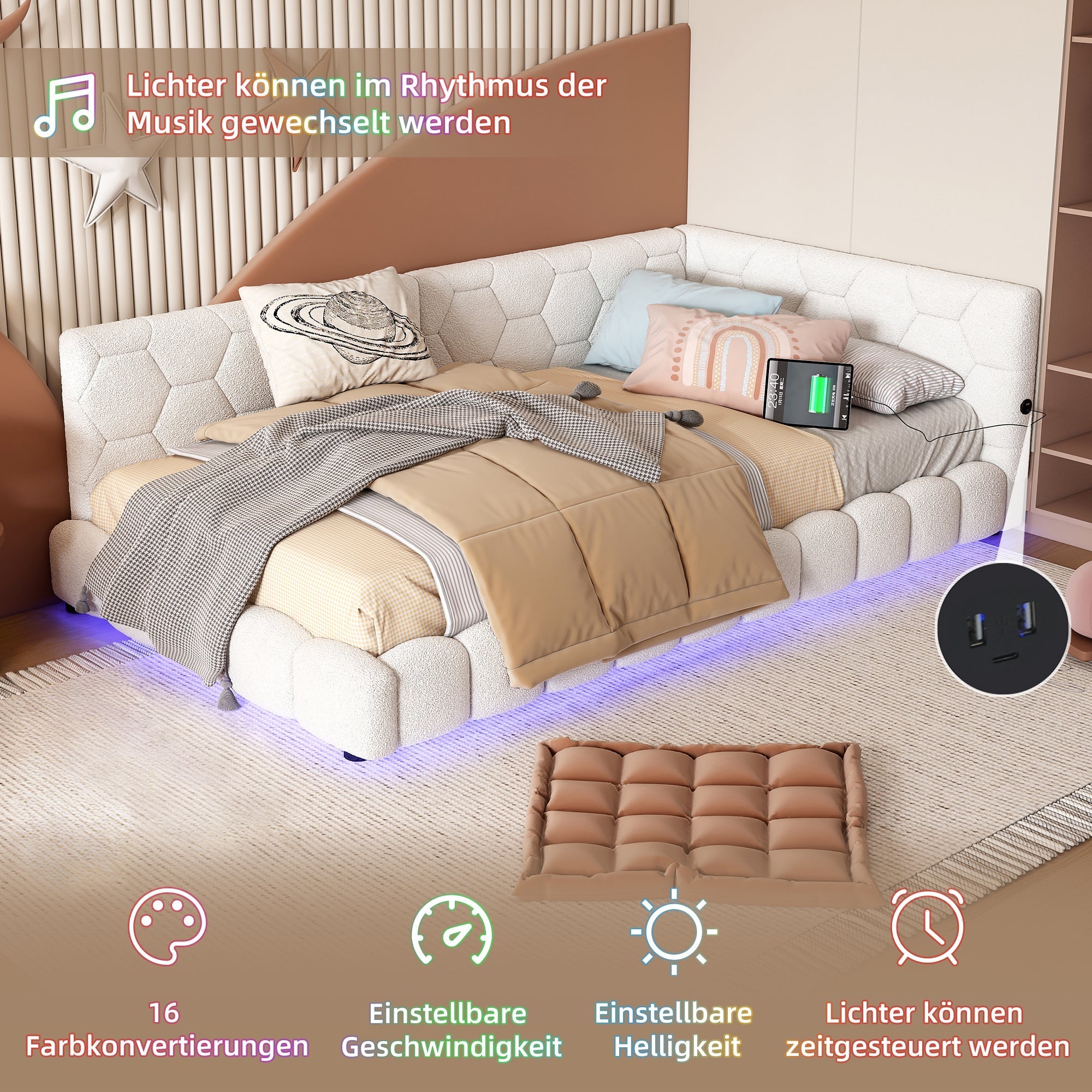 Daybed Sofa Bed 90x200cm 16 Color Ambient Light USB Type-C Fleece Imitation White