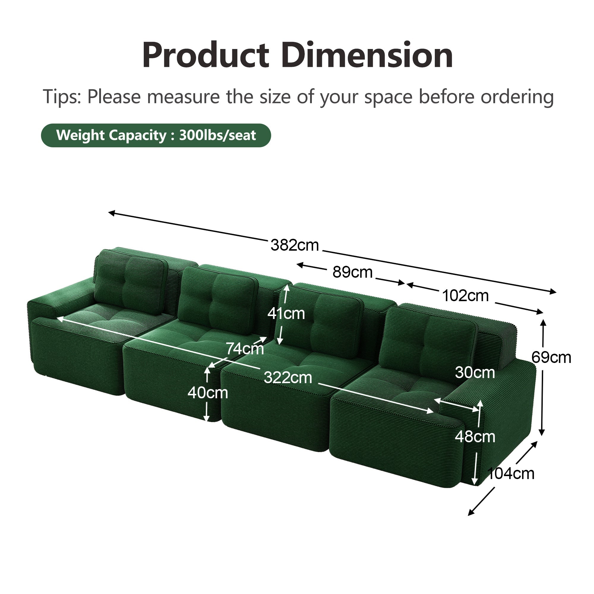 Modular Sofa 4-Seater Deep Seat Corduroy Assembly-Free - Green