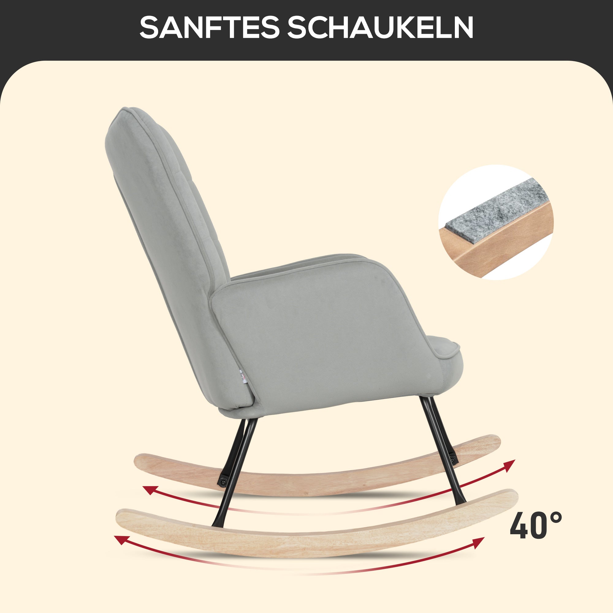 Rocking Chair, Armrests Wooden Base, Light Gray