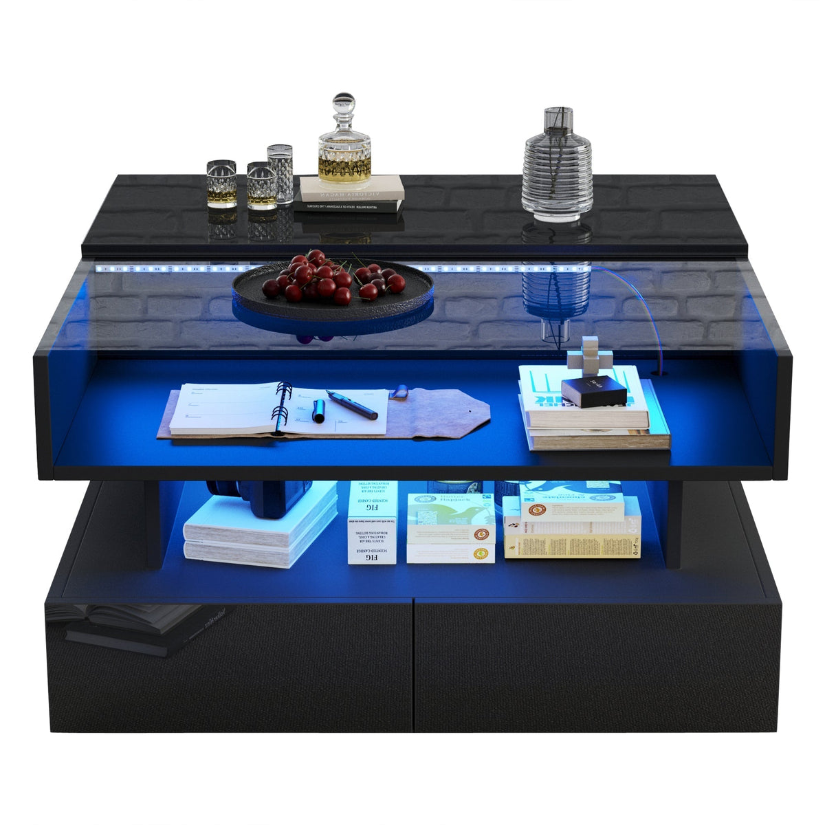 Coffee Table Height-Adjustable Hidden Storage LED Lights Tempered Glass, Black