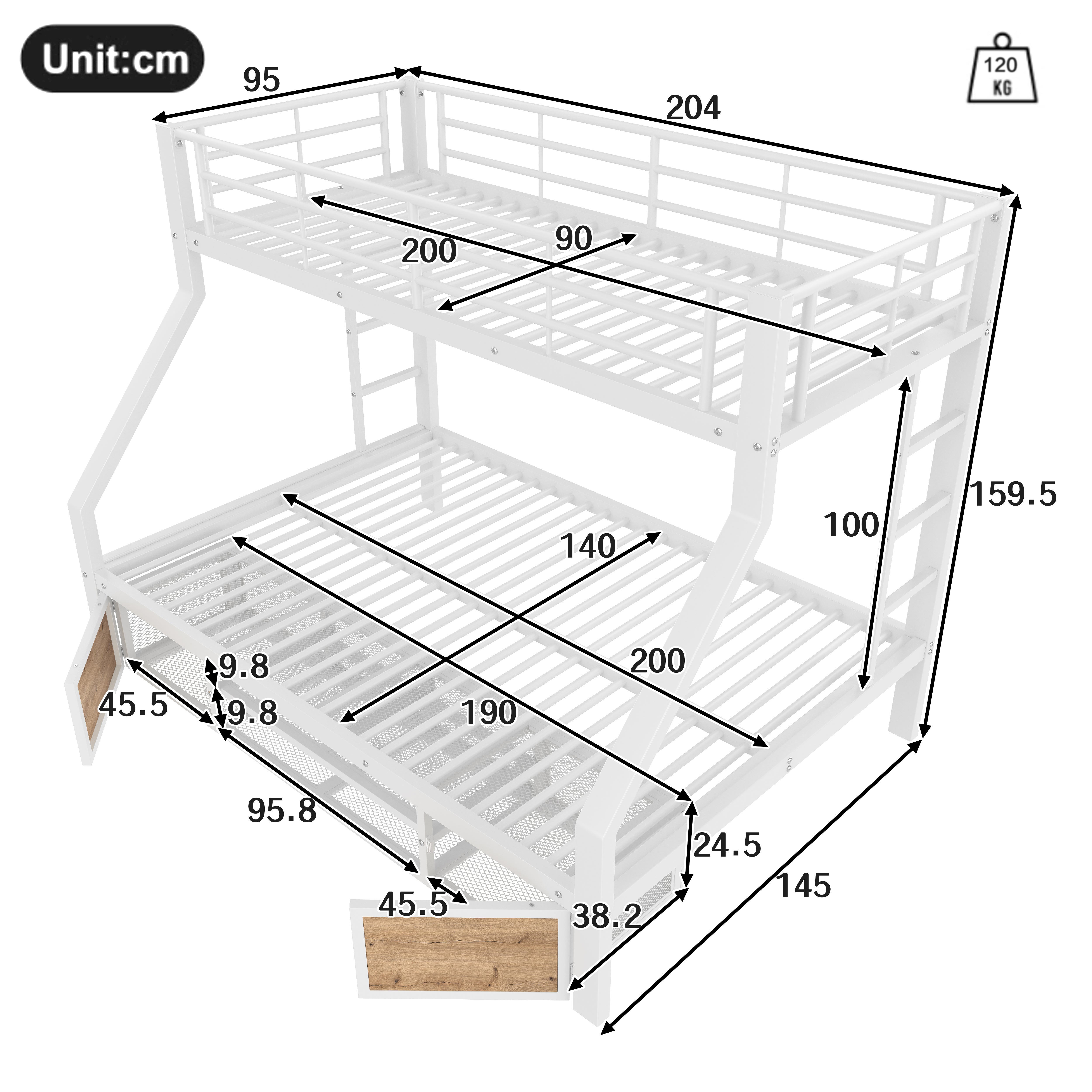 Bunk Bed for Children with Shoe Cabinet and Storage Compartments, 90x200 and 140x200cm, White