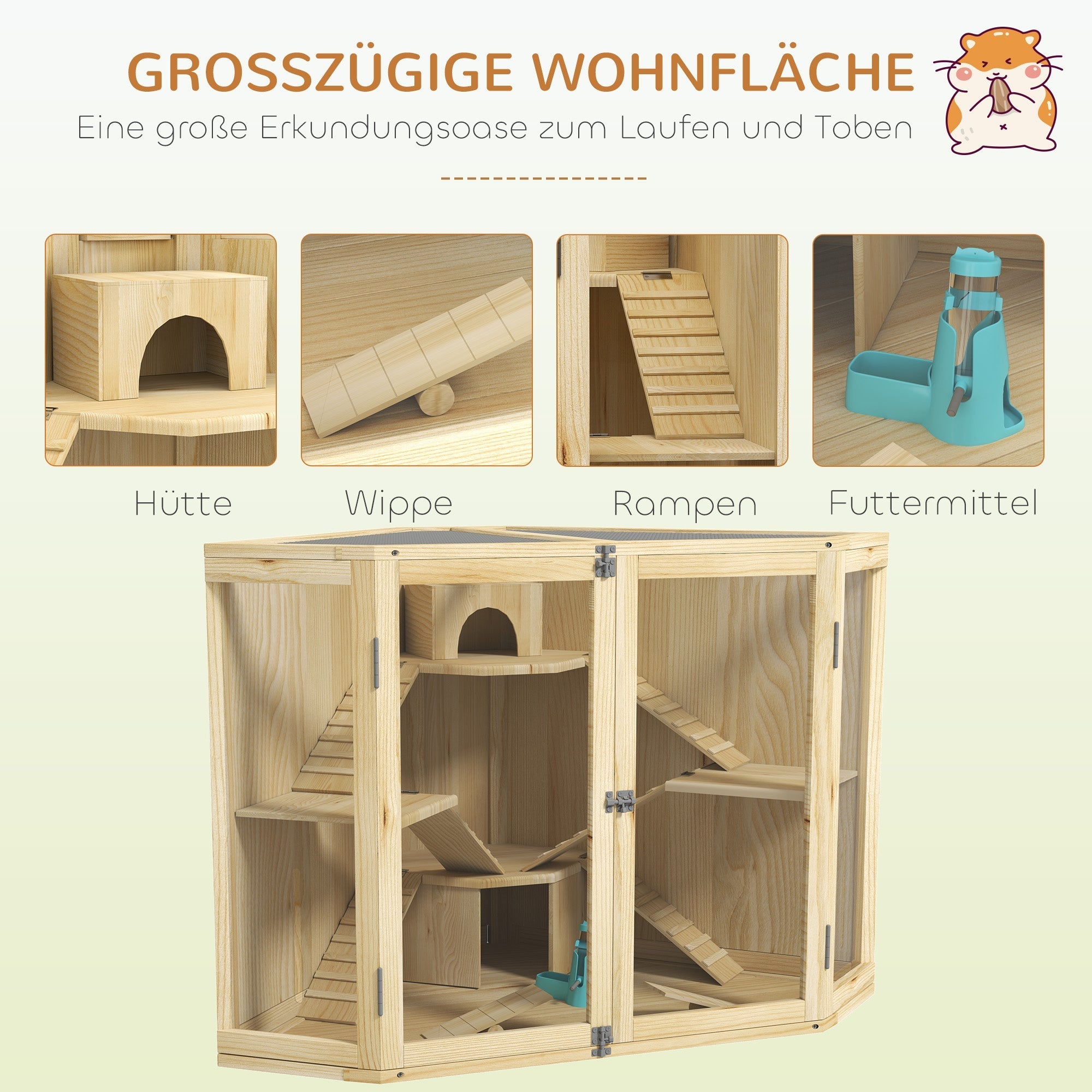 Wooden Hamster Cage, 4 Levels, Feeding Station, Seesaw, Ramp, Huts