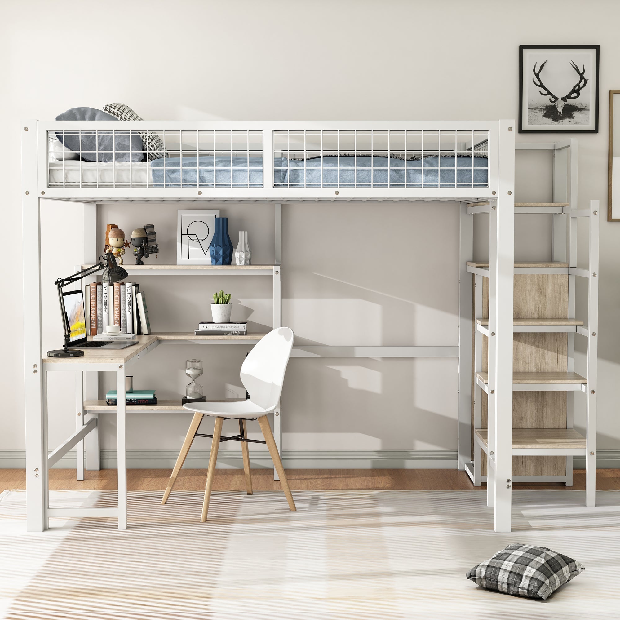 Loft Bed 140x200cm Iron Frame with Storage Ladder Shelves Wardrobe Desk White