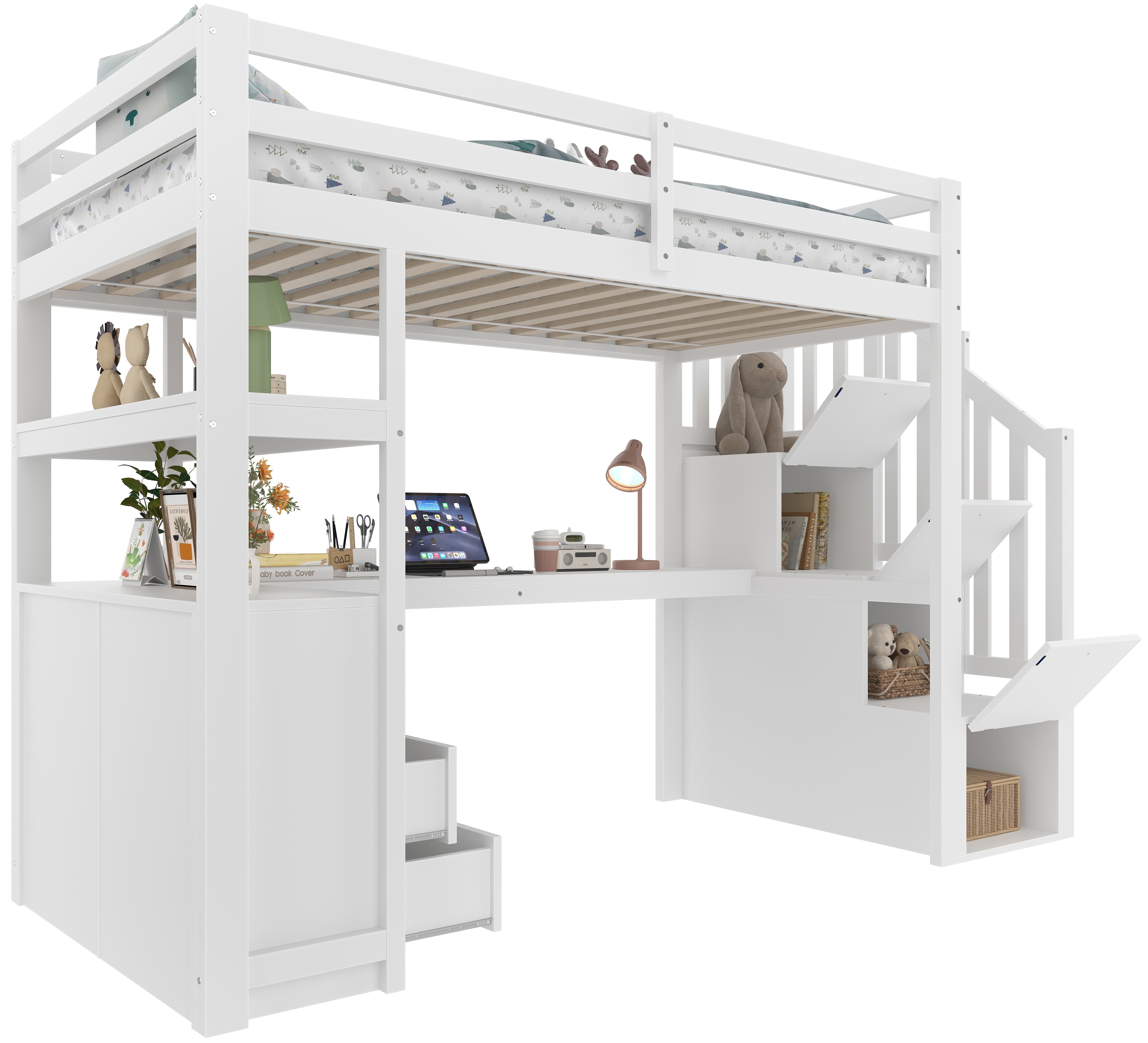 Loft Bed with Integrated Desk and Storage Ladder, 90x200cm, White