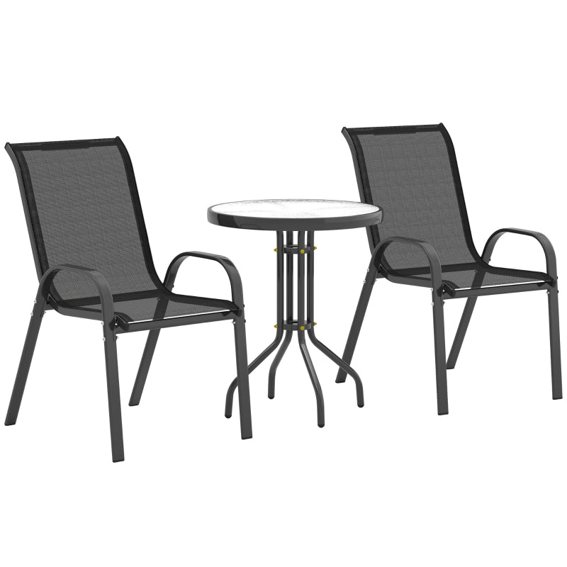 Bistro Set 3-Piece Weatherproof Glass Table Stackable Chairs - Black