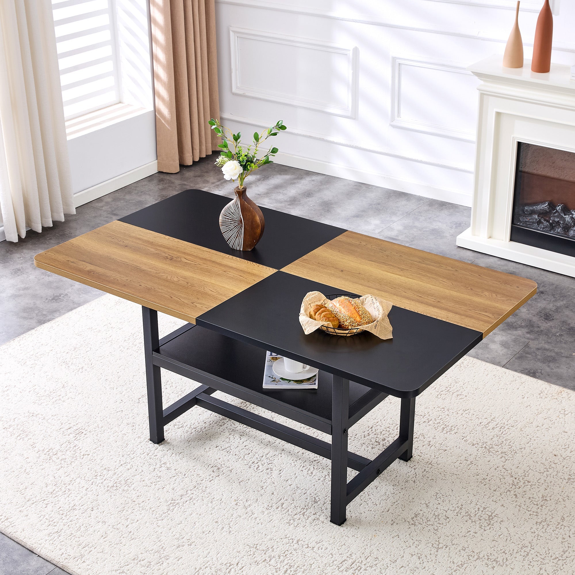 Dining Table Rectangular Industrial 160x90cm Storage Shelf - Brown/Black