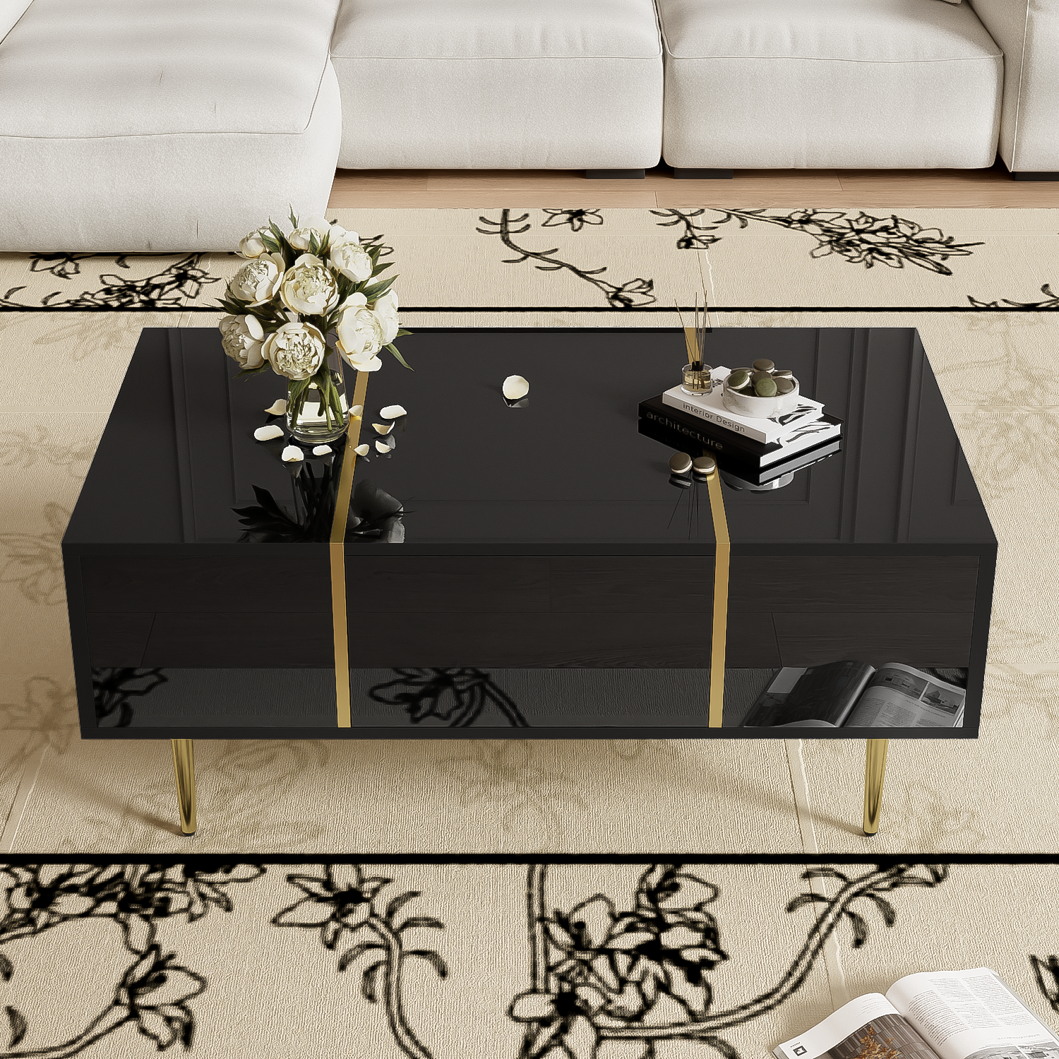 Modern Coffee Table, High Gloss with 2 Drawers, Black