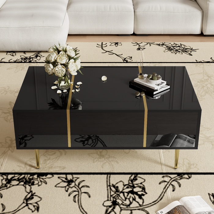Modern Coffee Table, High Gloss with 2 Drawers, Black