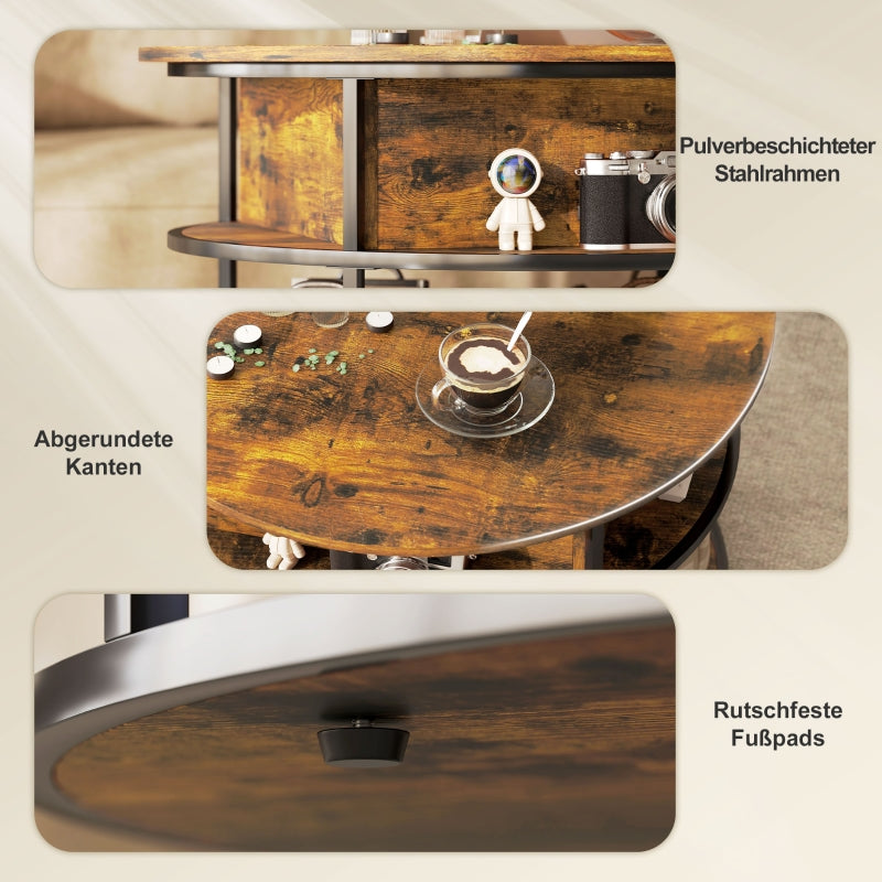 Round coffee table, height adjustable, with shelf and storage, brown
