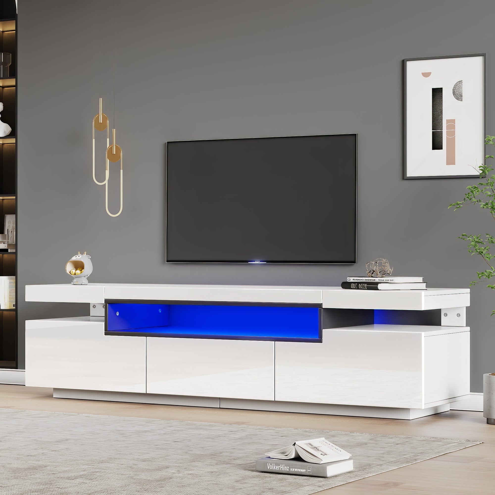 TV Cabinet, 160x39x42cm LED Lighting, 3 Drawers, White High-Gloss