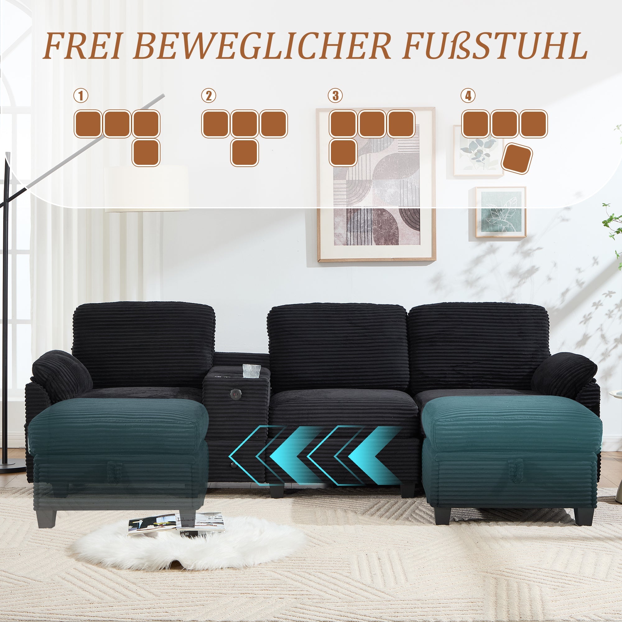 Large Sofa Removable Console USB-C Storage Ottoman - Corduroy