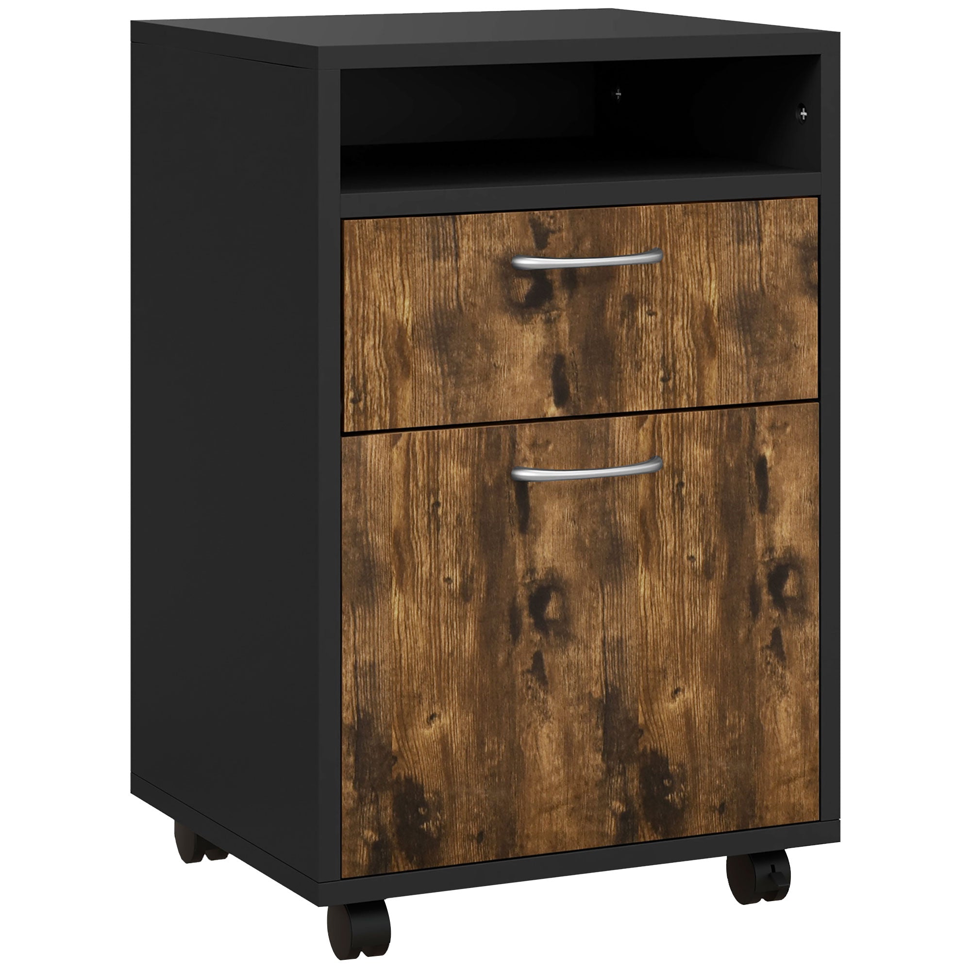 Filing Cabinet 60cm Drawer Open Shelf Mobile Wheels Rustic Brown