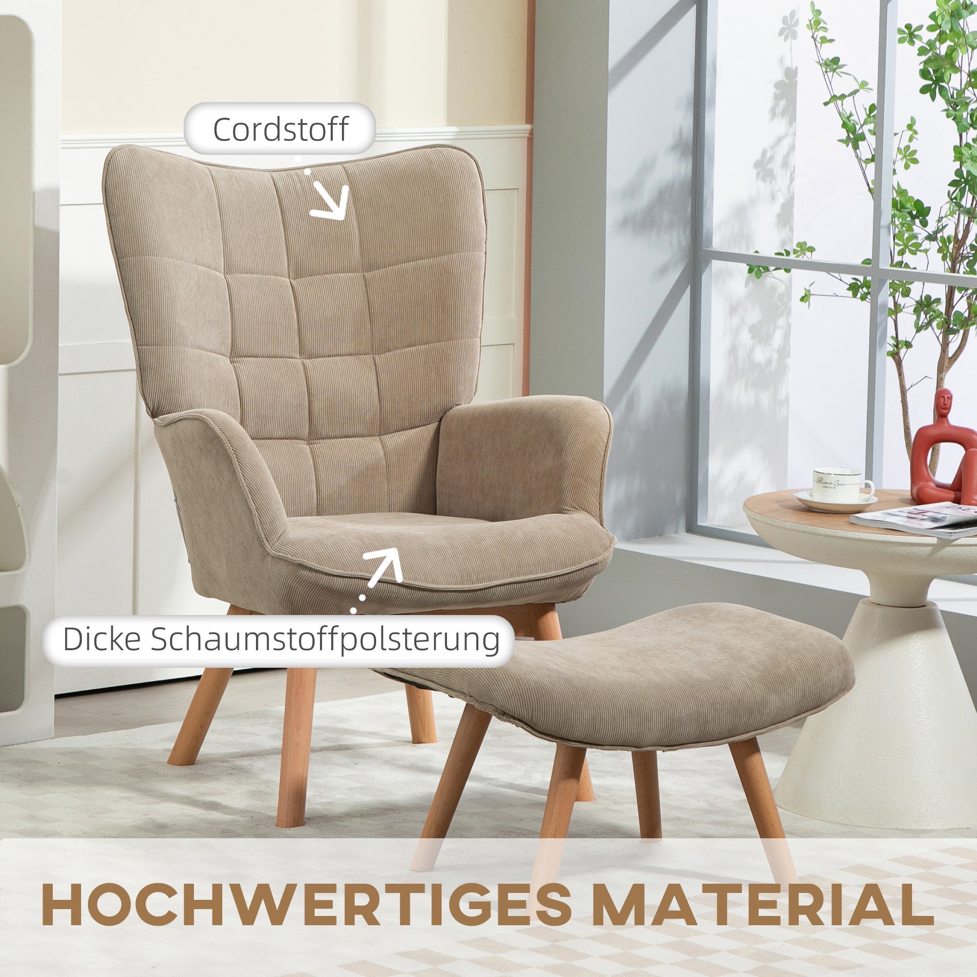 Ohrensessel mit Fußhocker, Polsterstuhl Beige Cord