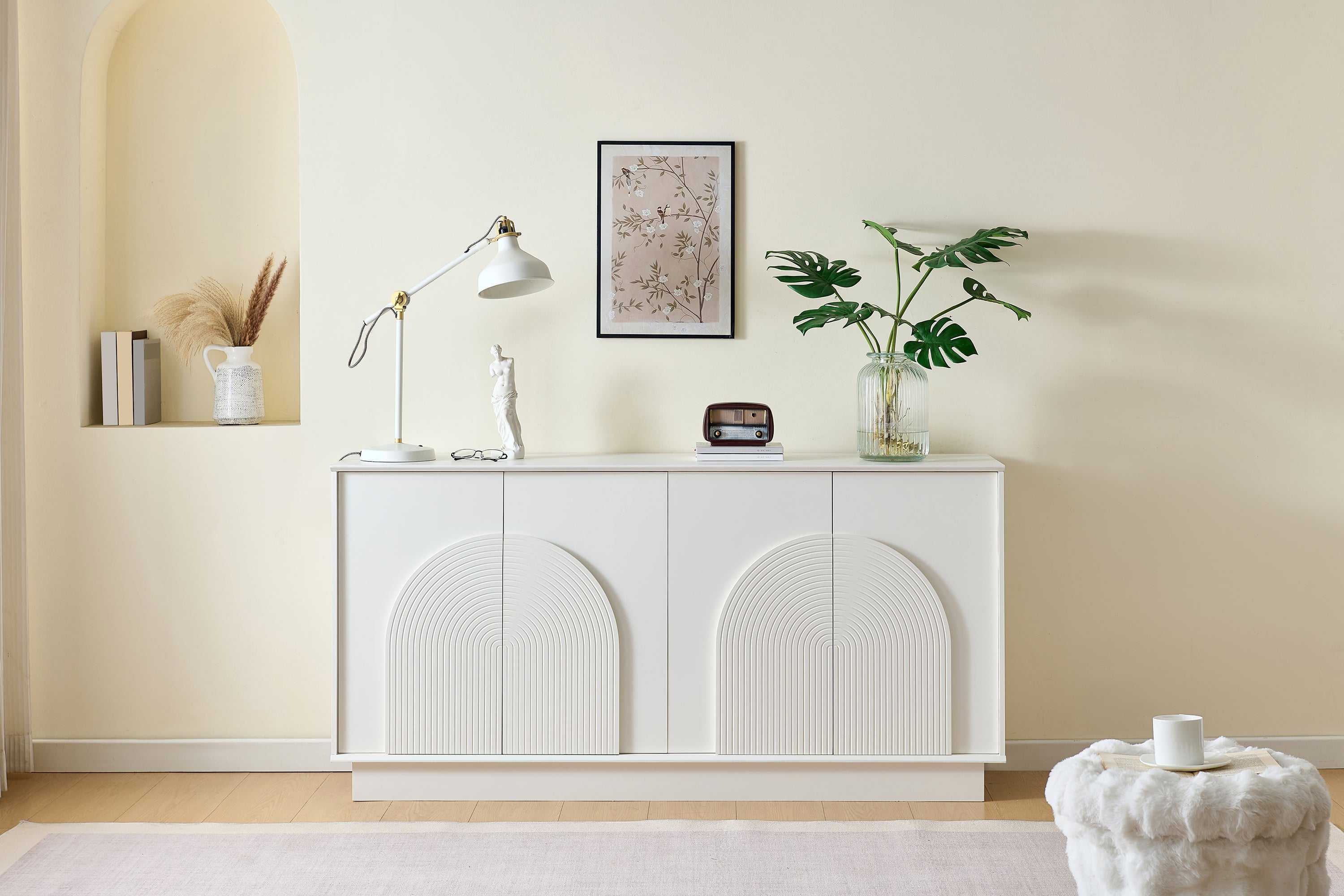 Modern Sideboard with Curved Doors, 4-Door Storage Cabinet for Living Room & Dining Room, White MDF with Matte Finish