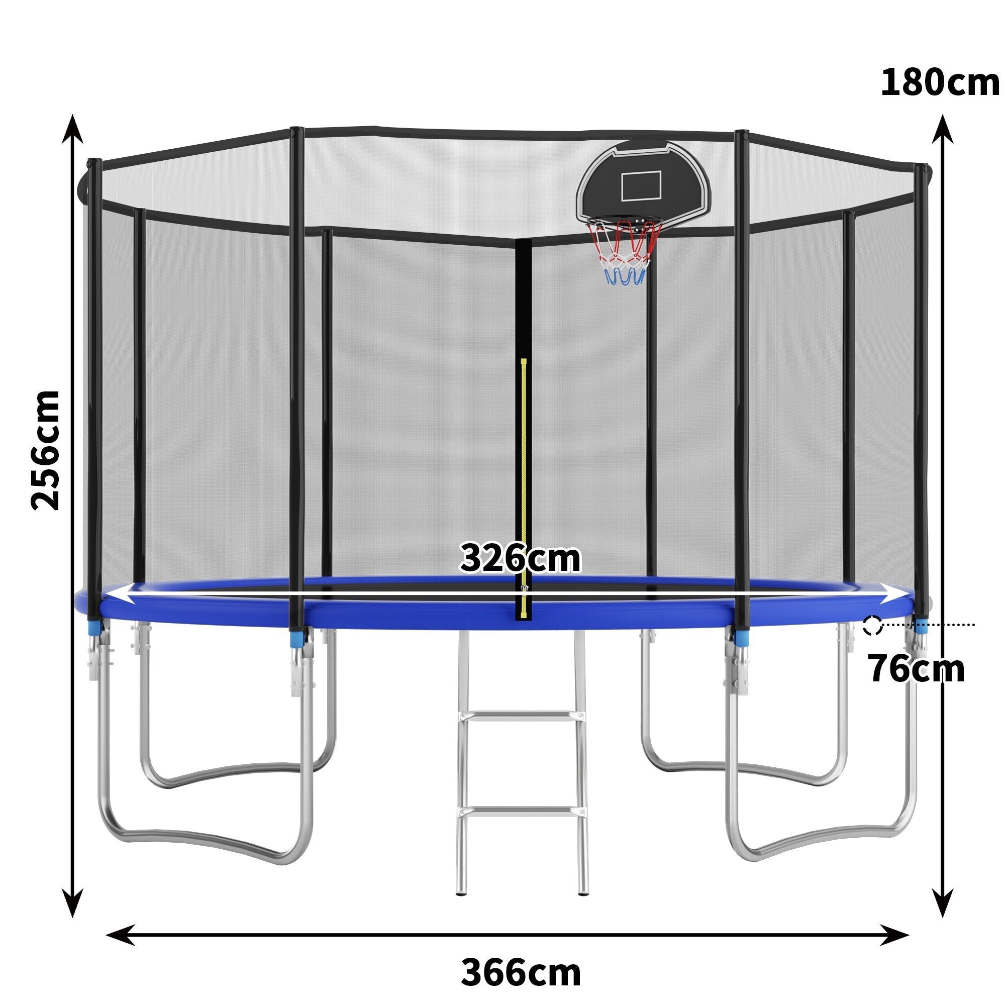 Outdoor Trampoline, 366 cm with Reinforced Leg Crossbars and One-piece Construction, Stable and Robust