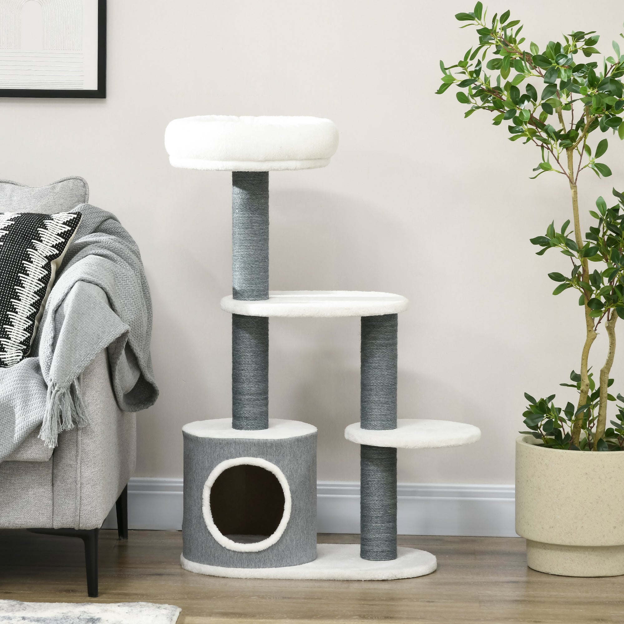 Cat Tree 98cm, Scratching Board, Cave, 3 Platforms, Grey and White