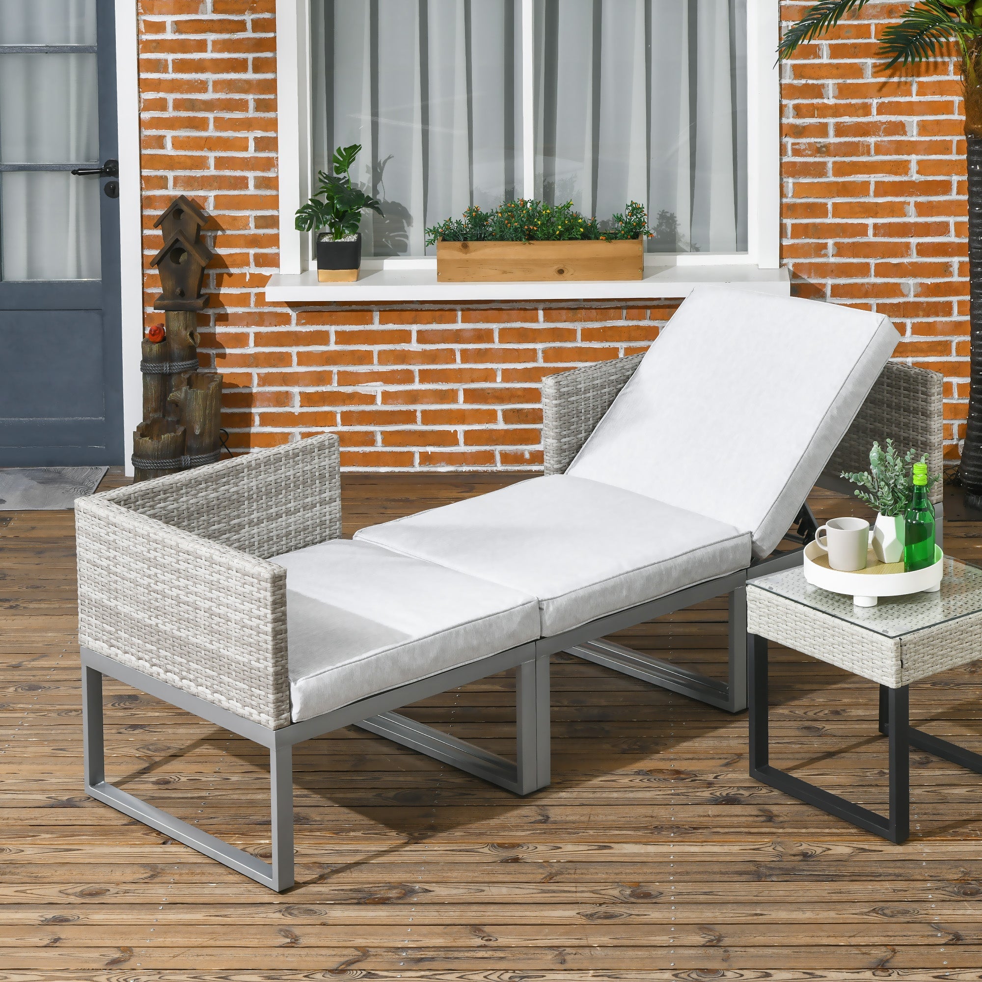 3-in-1 Rattan Bistro Set, Wicker Garden Furniture with 2-level Rising Table & Adjustable Sofa Lounger, Grey