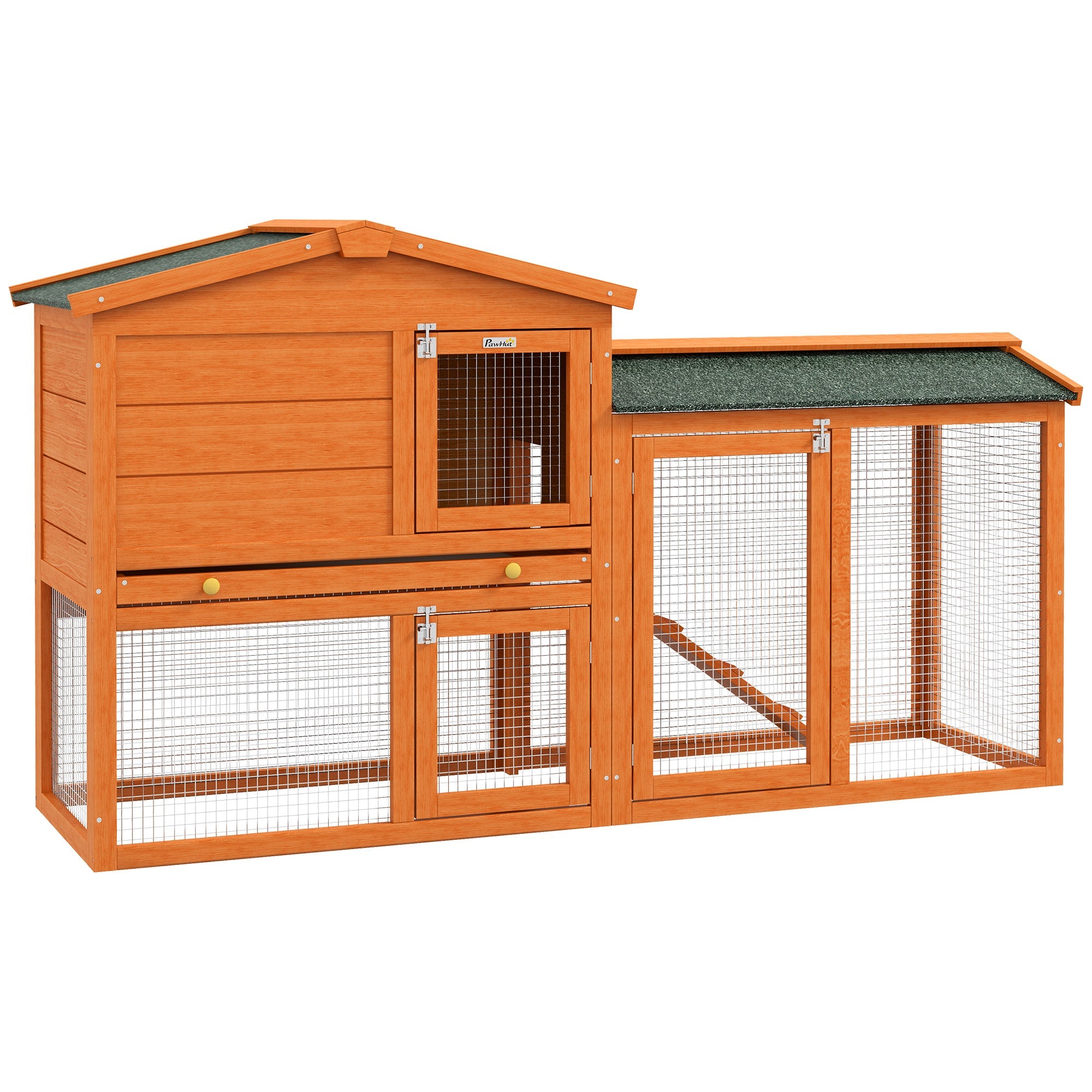 Rabbit Hutch 2 Levels Outdoor Run and Ramp, Fir Wood, Orange