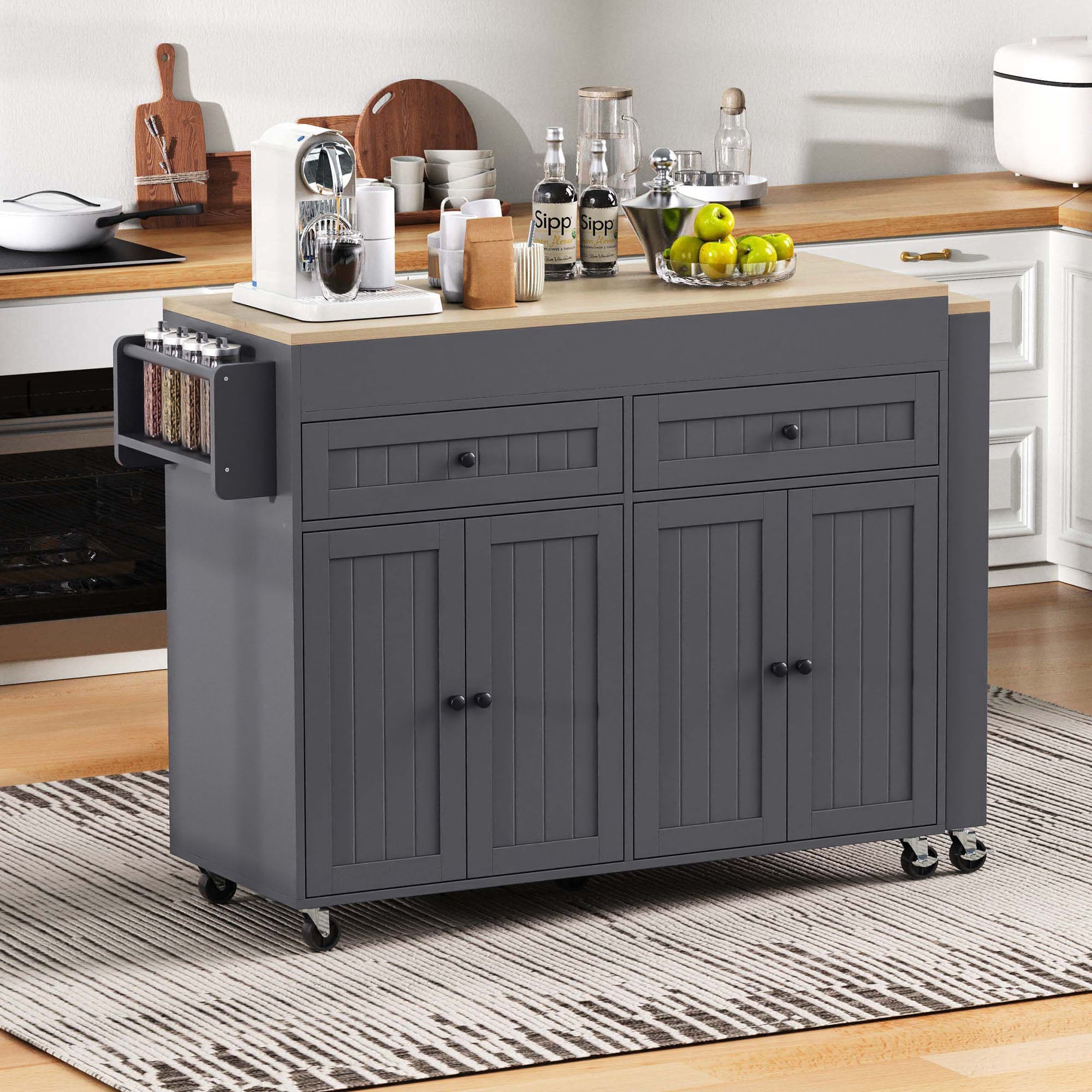 Kitchen Island, Extendable Dining Area Worktop & Drawers, Mobile Freestanding, Gray + Natural