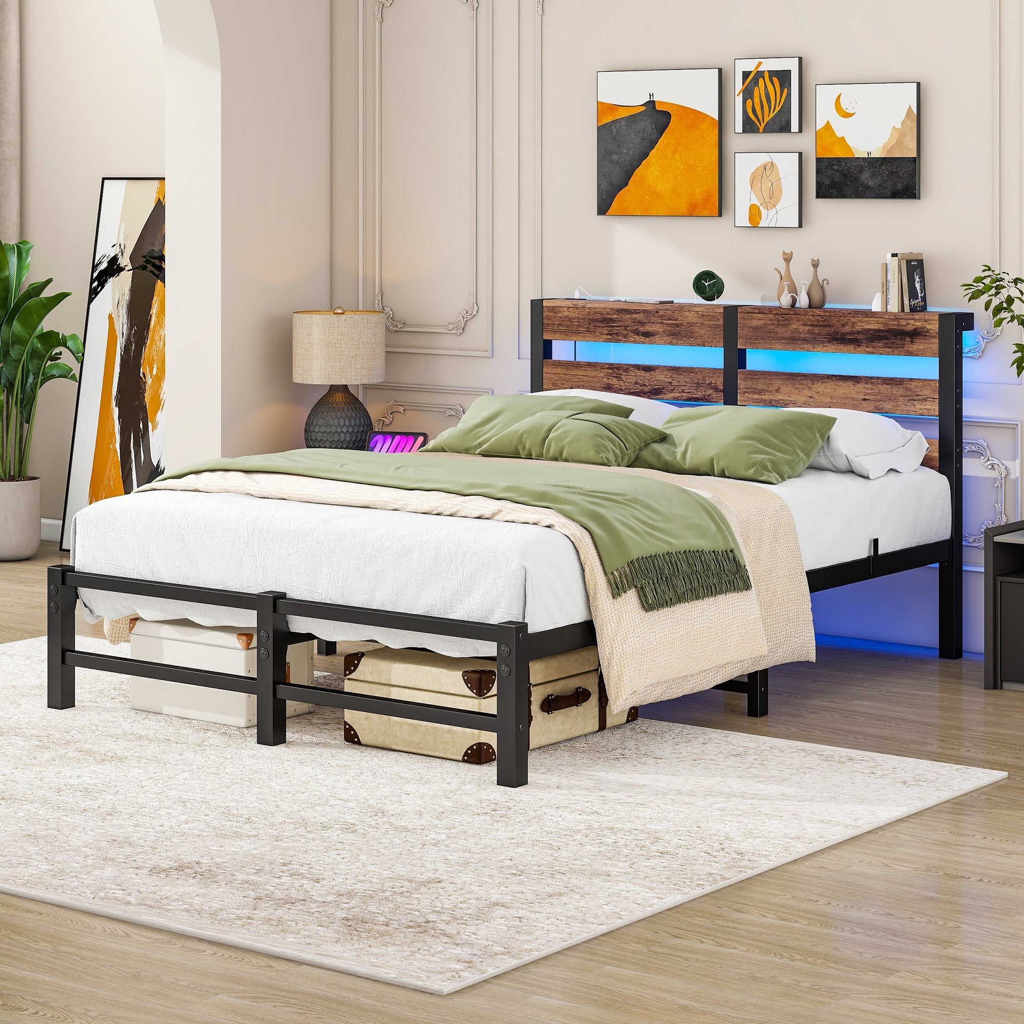 Metal Bed 120x200cm LED USB Storage - Metal