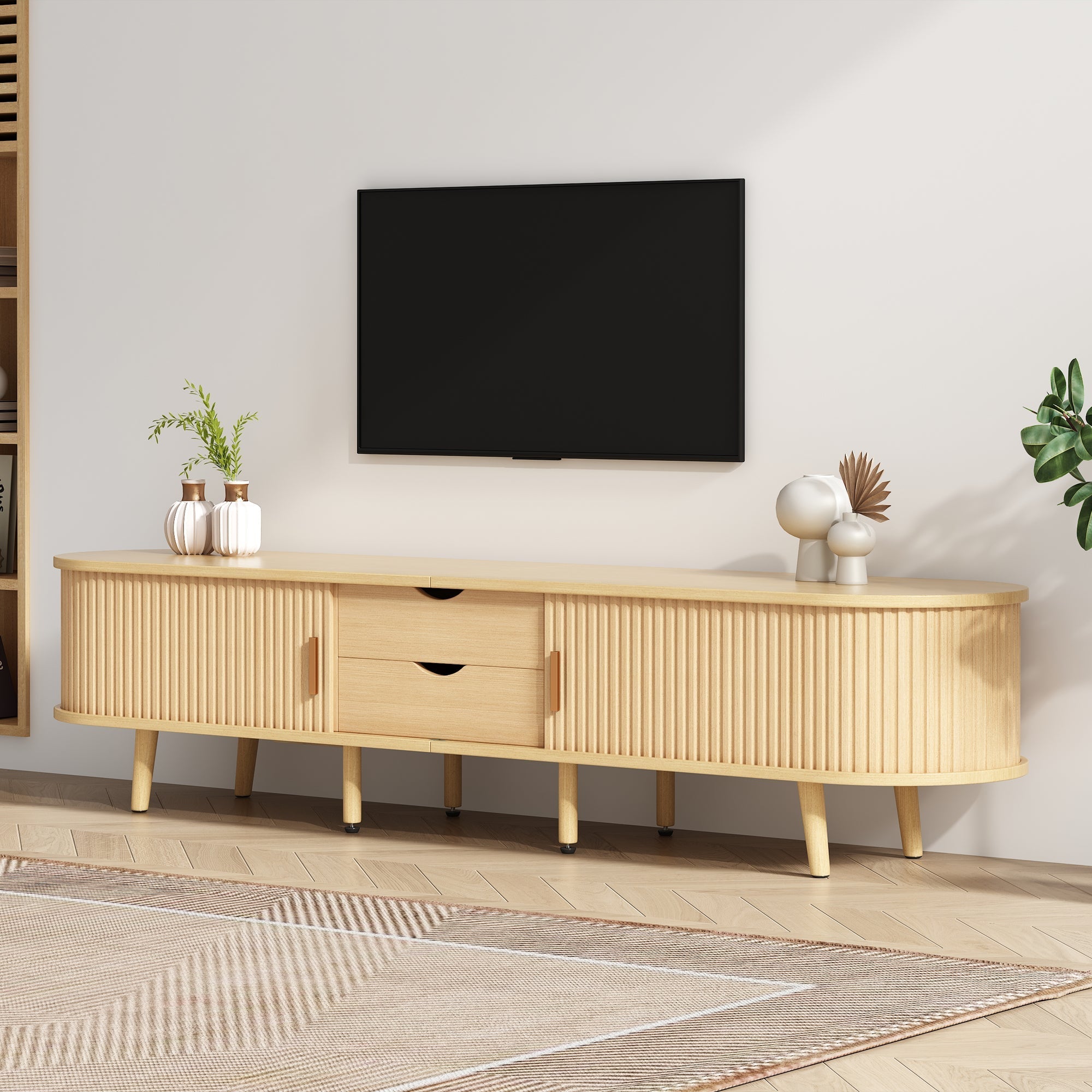 Living Room TV Cabinet with Storage, Round Table Top, 2 Drawers, MDF Wood Grain