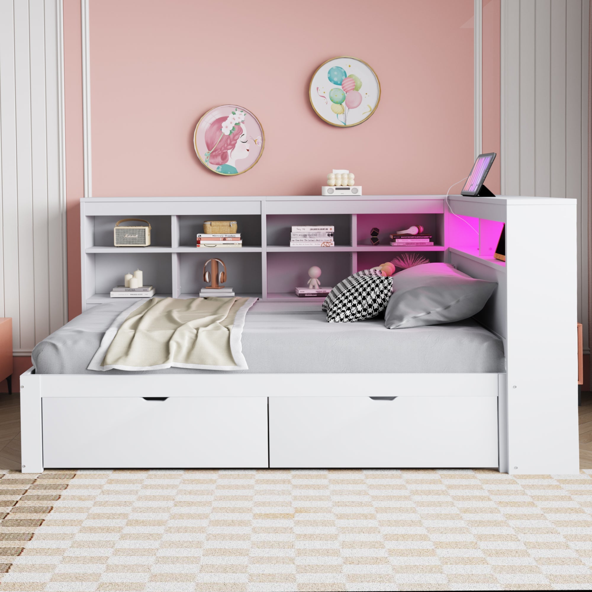 Solid Wood Sofa Bed 90x200cm Multifunctional USB/LED Storage, White