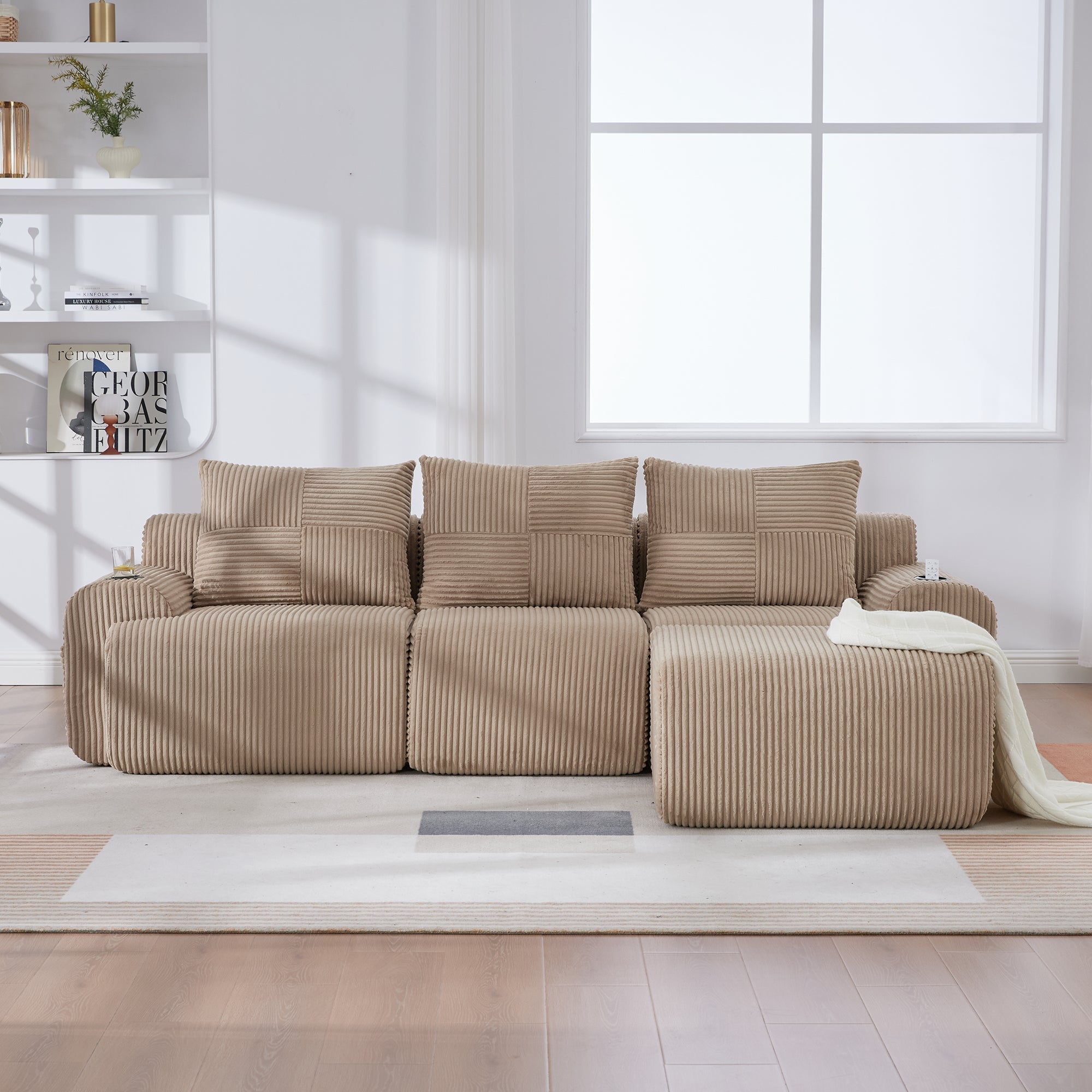 3-Seater Modular Sofa with Ottomans and Cup Holders, Khaki Corduroy