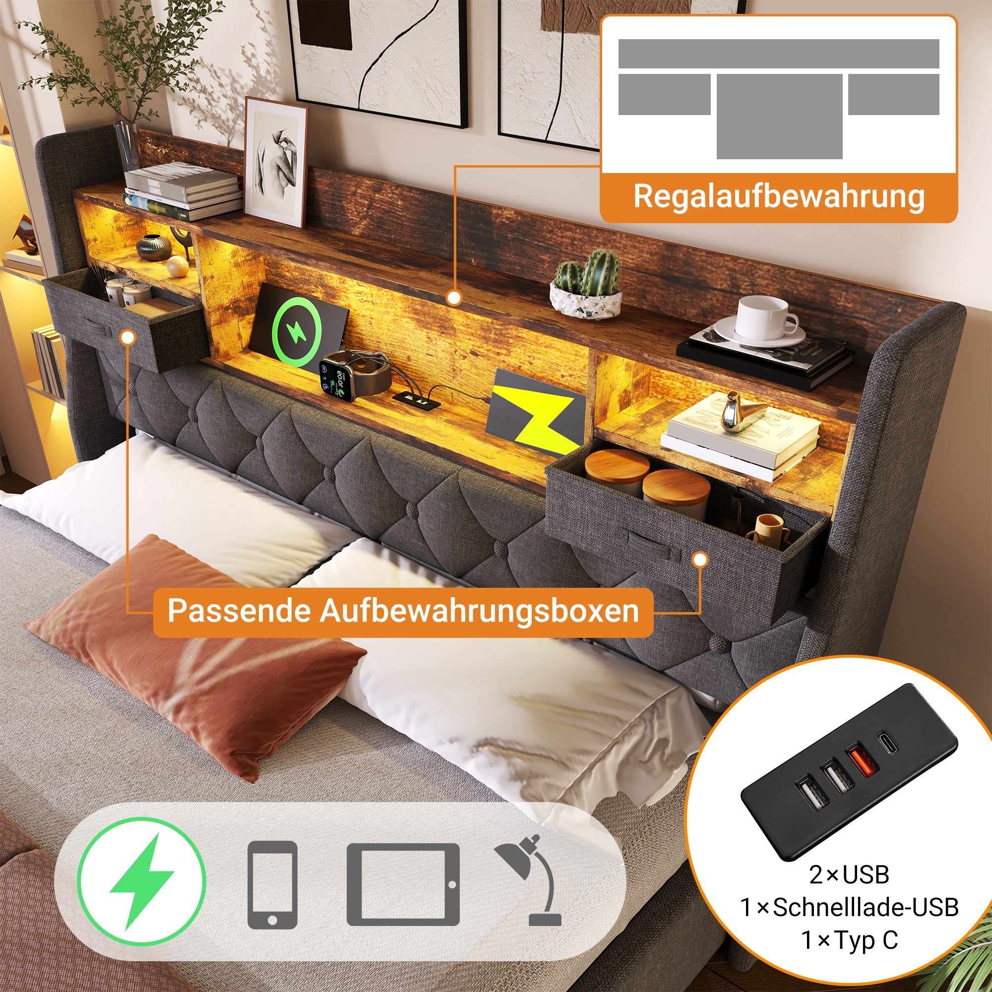 Upholstered Bed 160x200cm Hydraulic Storage LED Headboard USB/Type-C Grey Linen