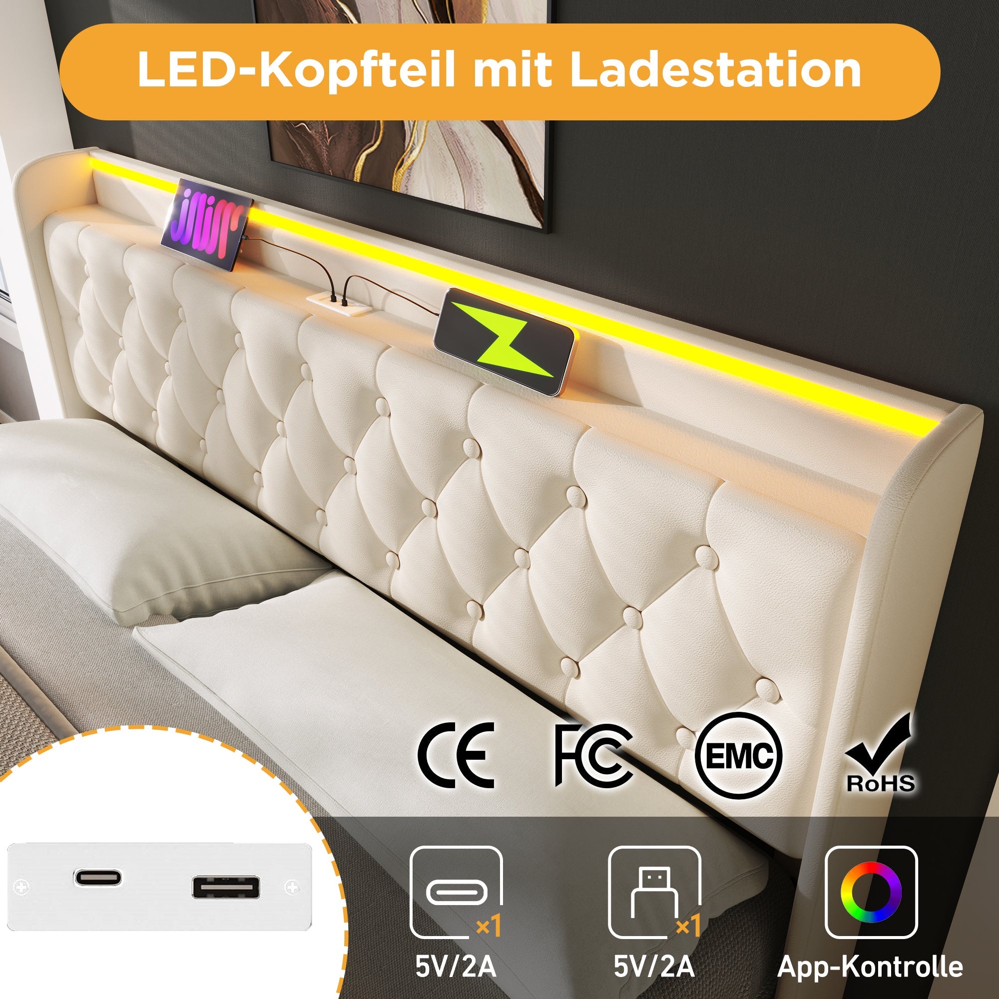 Upholstered Double Bed with Hydraulic Storage, 360° LED and USB Type-C, 140x190cm, White PU Leather