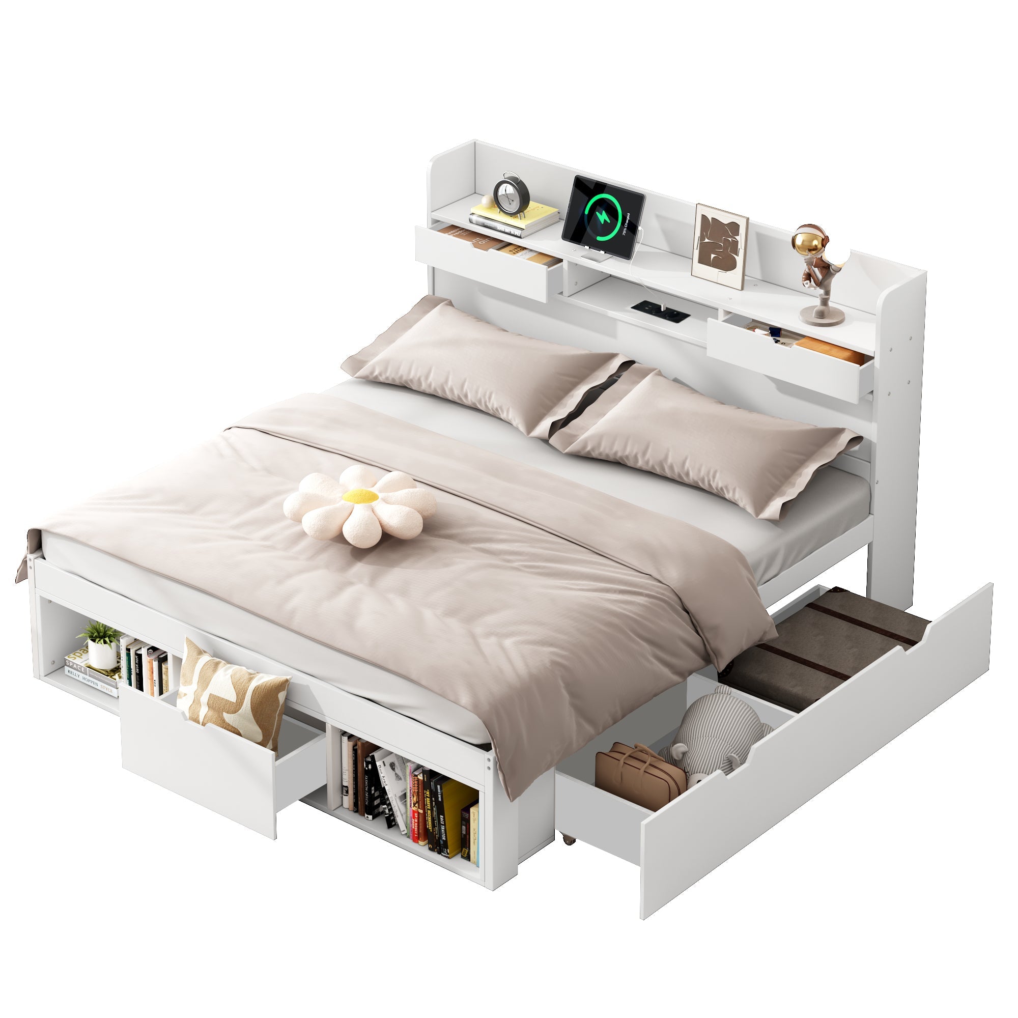 Multifunctional Double Bed with USB Port, Drawers and Storage Cabinet, 140x200cm, White Wood
