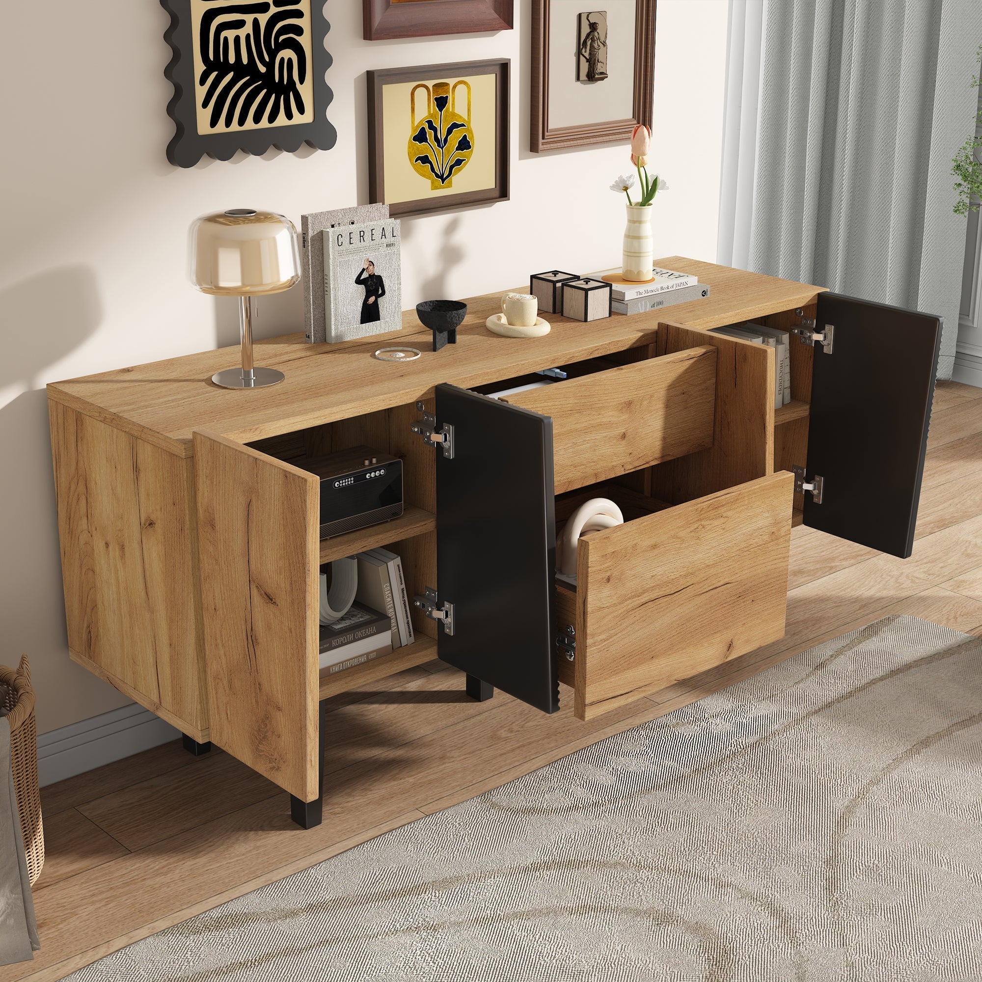 Contemporary TV Cabinet with Storage for 60" Televisions, Wooden Entertainment Center