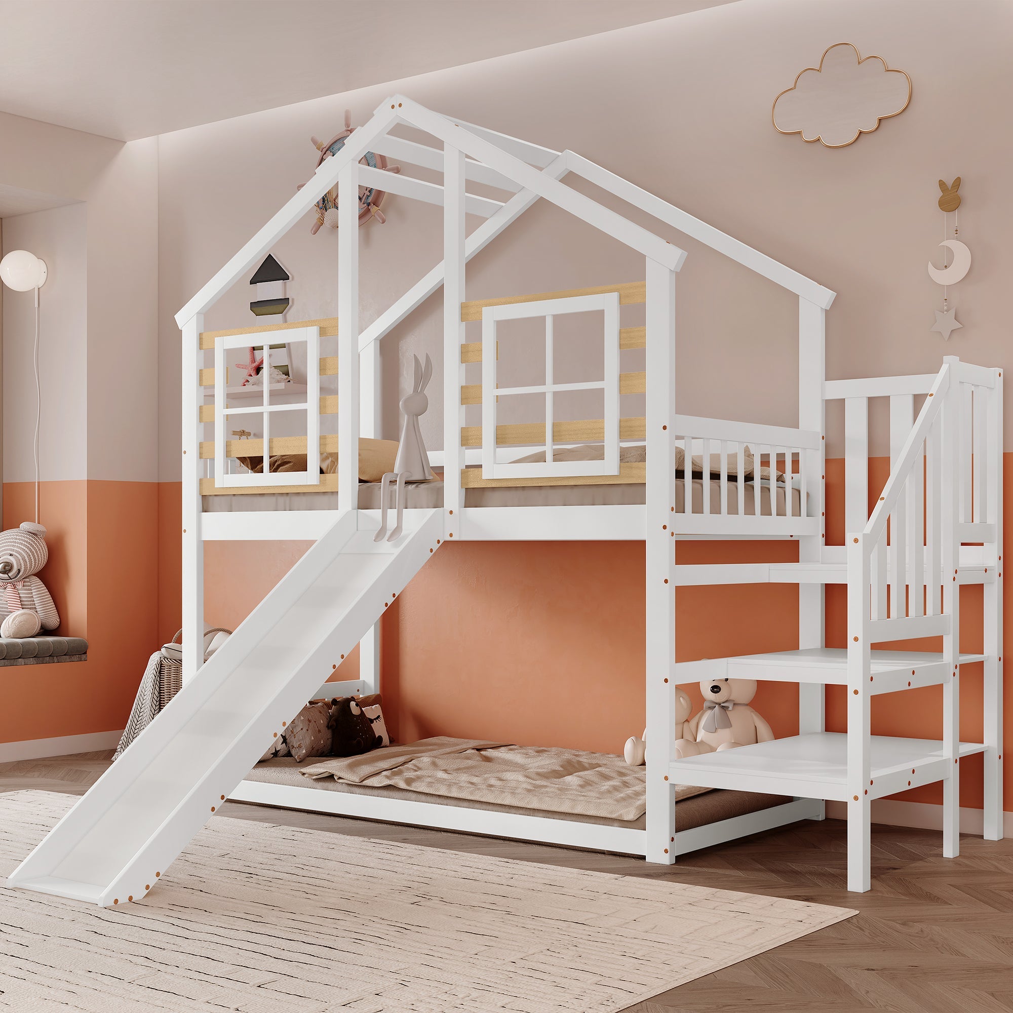 Bunk Bed, Wooden with Stairs, Slide & Window, Solid Wood, White