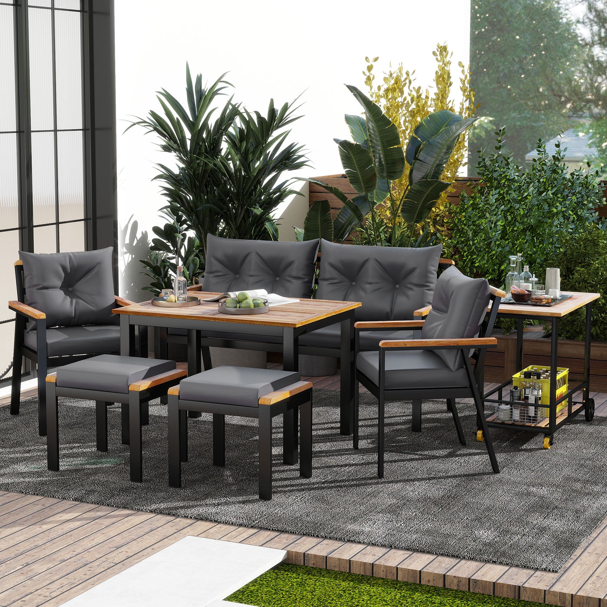 Dining Set, 6-7 Seater with Armchairs & Removable Trolley, Acacia Wood